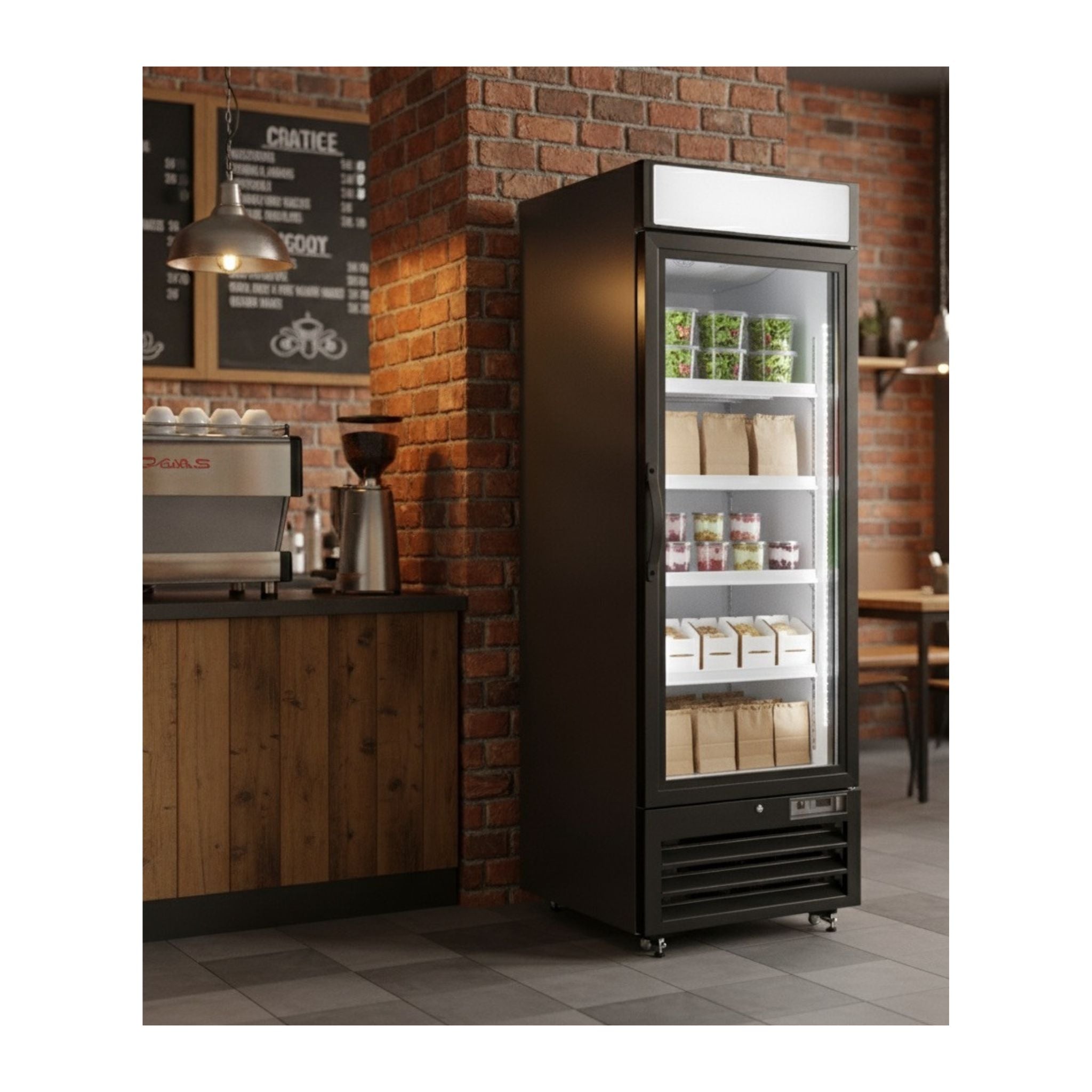 noriota nmr23b commercial refrigerator merchandiser lifestyle in coffee shop
