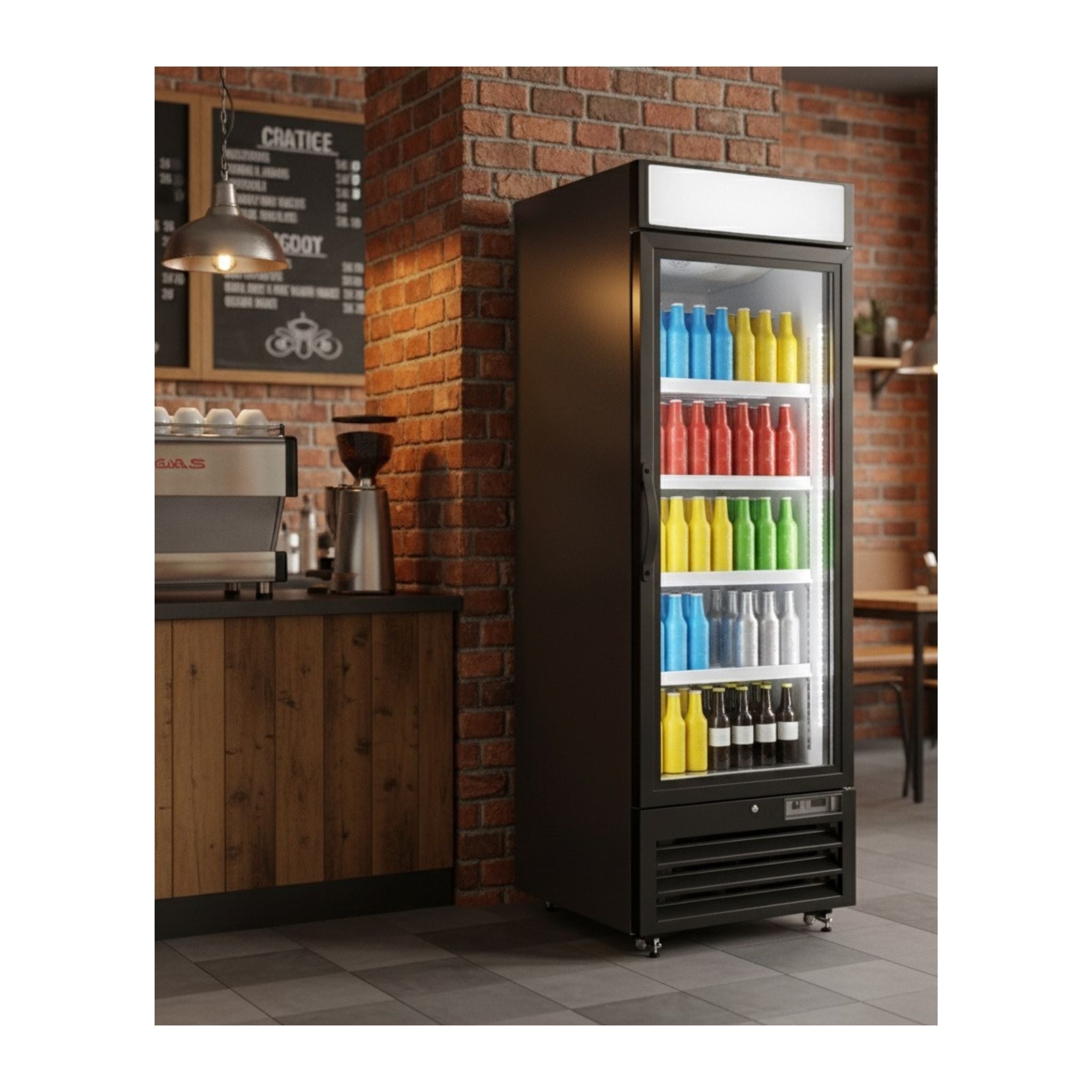 noriota nmr23b commercial refrigerator merchandiser lifestyle in coffee shop