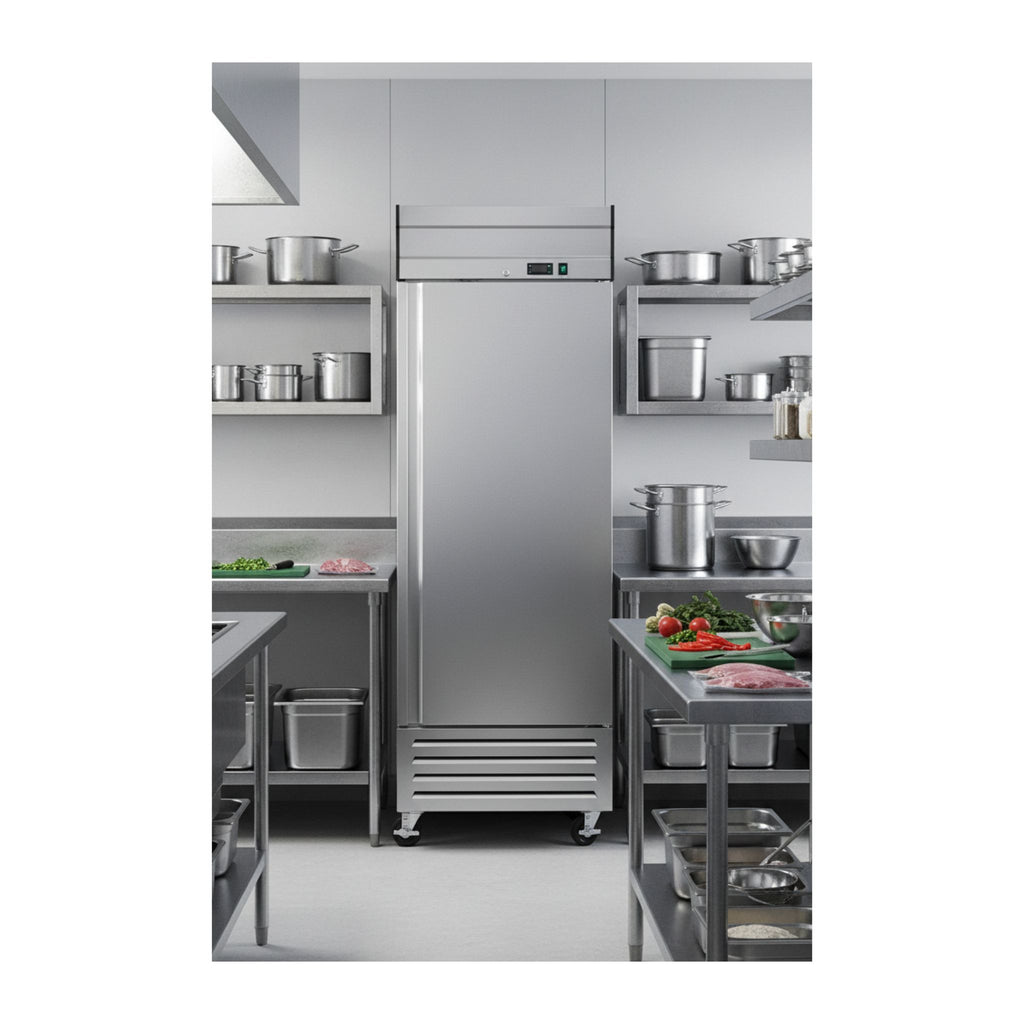 noriota nr23 single door commercial kitchen lifestyle image stainless steel commercial refrigerator 