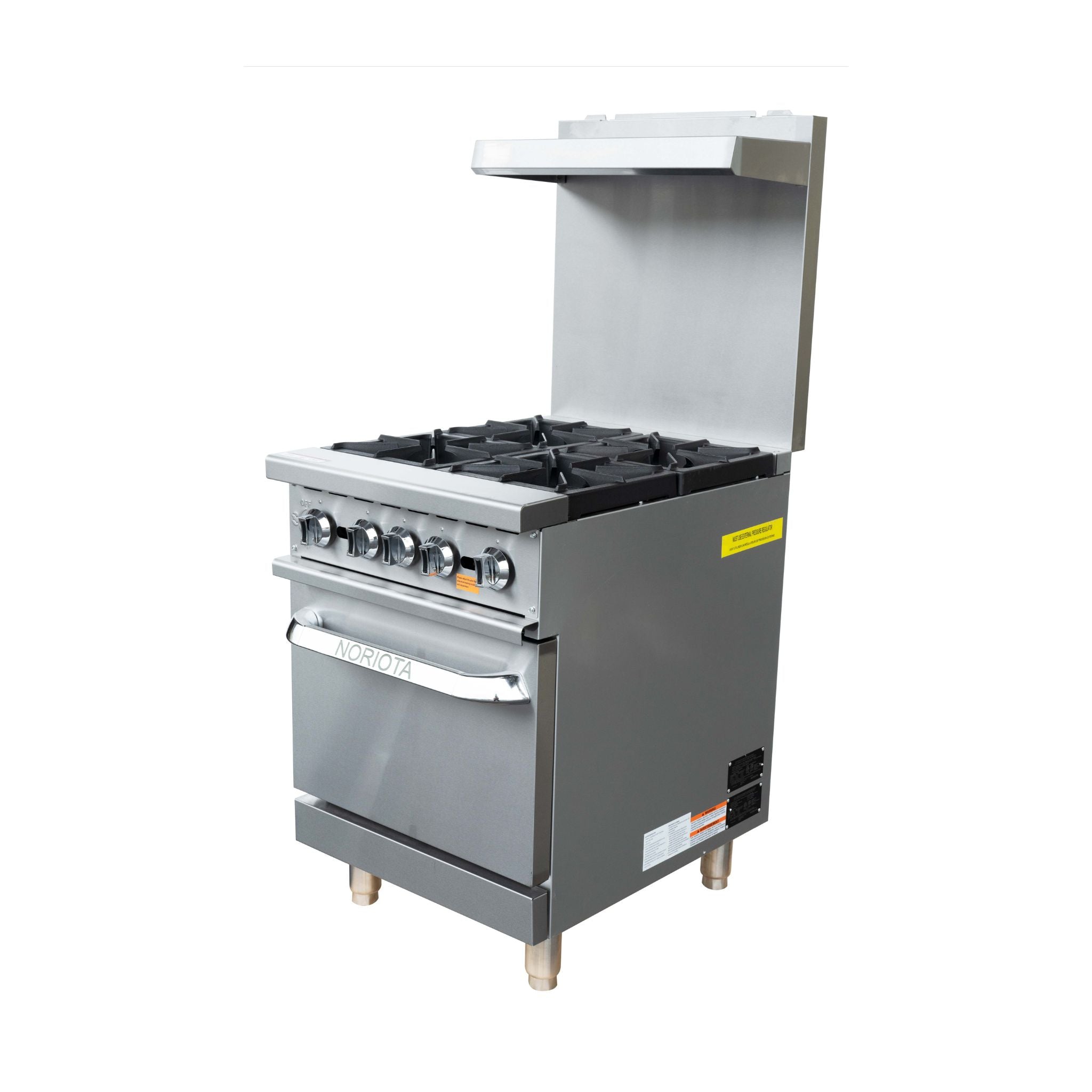 A commercial gas range stove with a stainless steel body, black cast iron grates, and an open back panel, shown on a plain white background.