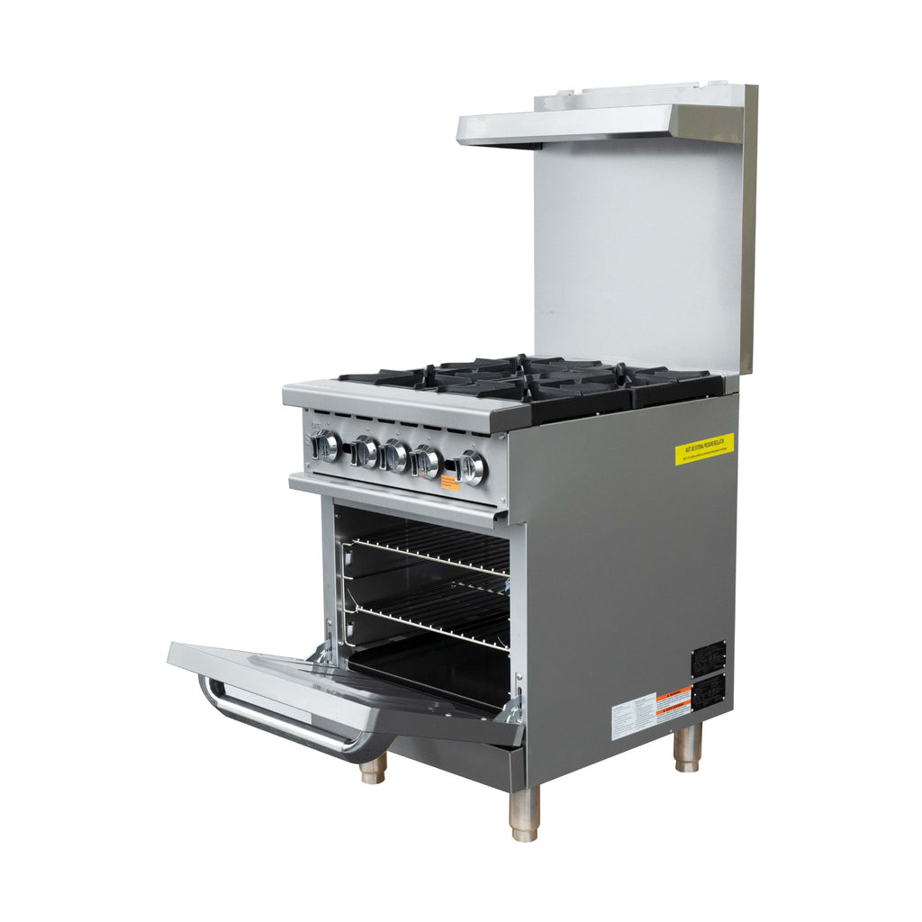 A commercial gas range stove with an open oven door, stainless steel body, black burners, and a matching stainless steel hood above, shown on a plain white background.