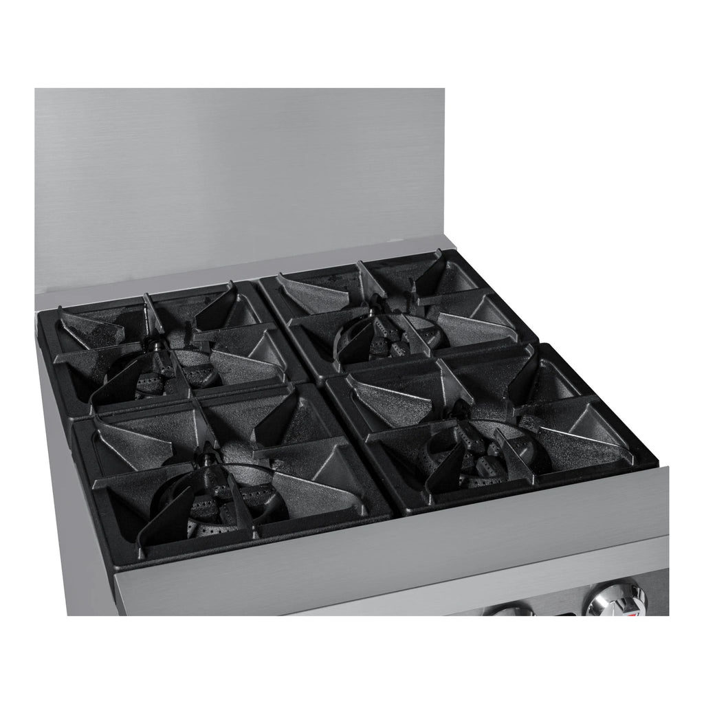 A gas range stovetop with four black cast-iron burners and a brushed stainless steel front and back panel, shown on a white background.