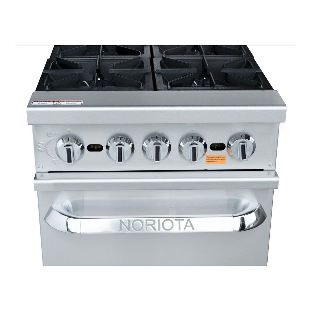 A stainless steel gas range stove with five control knobs and a large handle on the oven door, branded with the NORIOTA logo. The black grates are visible on top, and the appliance is photographed against a plain white background.