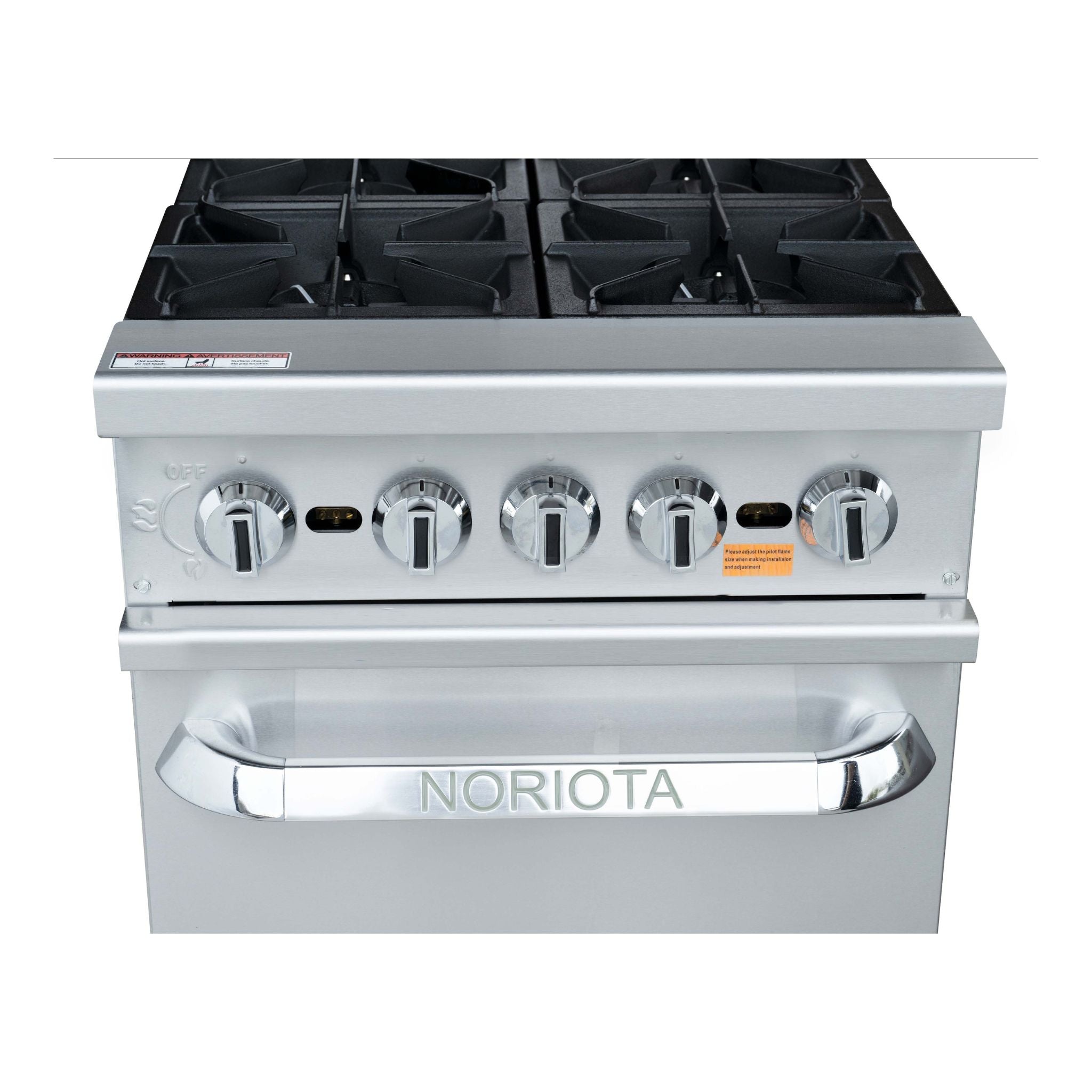 A stainless steel gas range stove with five control knobs and a large handle on the oven door, branded with the NORIOTA logo. The black grates are visible on top, and the appliance is photographed against a plain white background.