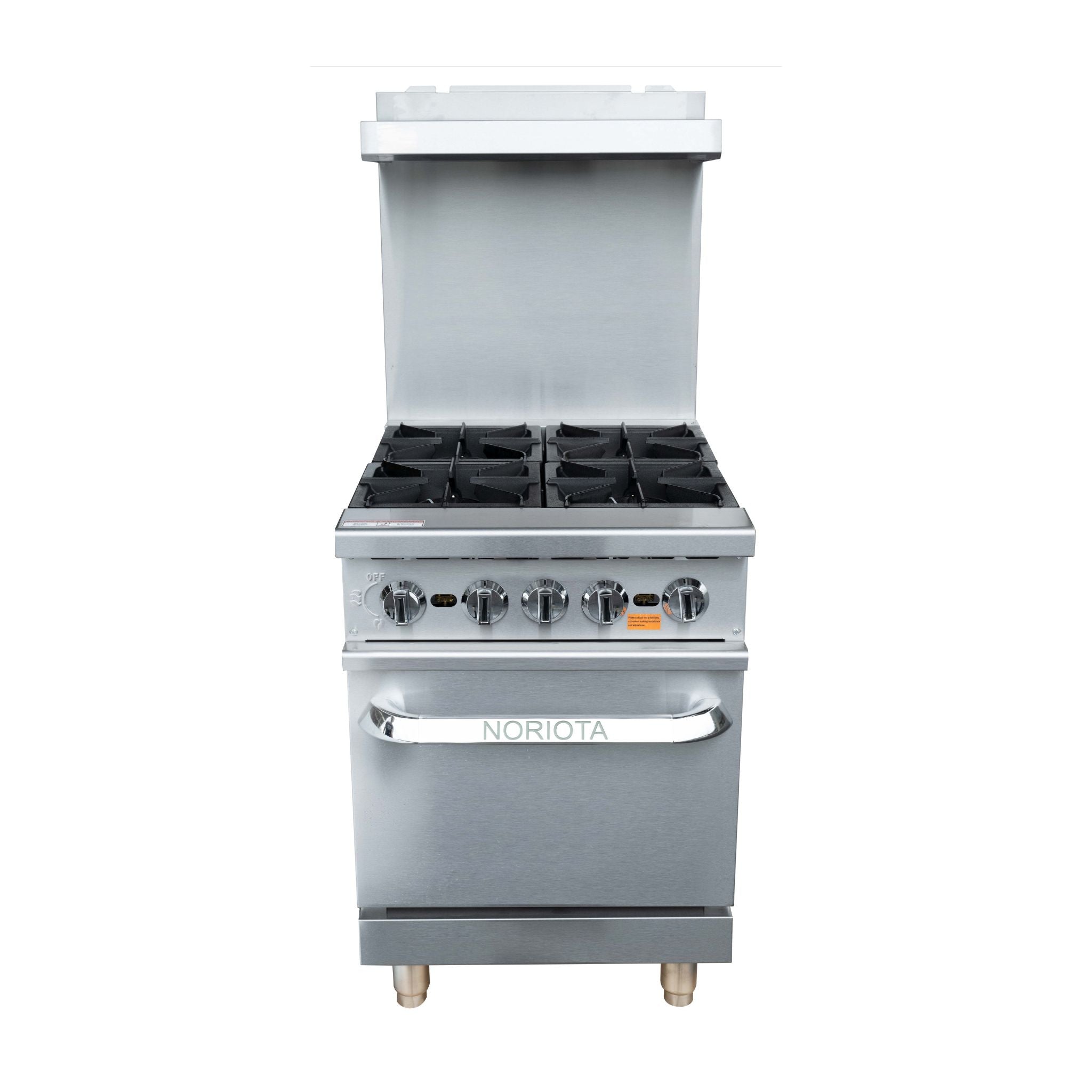 A stainless steel freestanding gas range stove with four burners, a front control panel with six knobs, and an oven door with a silver handle. The brand name 'NORIOTA' is visible on the handle.