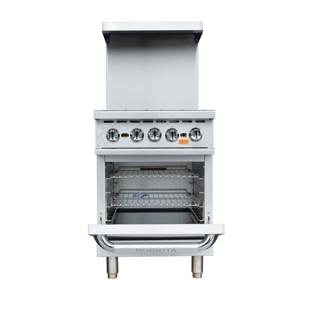 A stainless steel freestanding gas range or oven with the door open, showing interior racks and a control panel with multiple knobs, photographed on a plain white background.