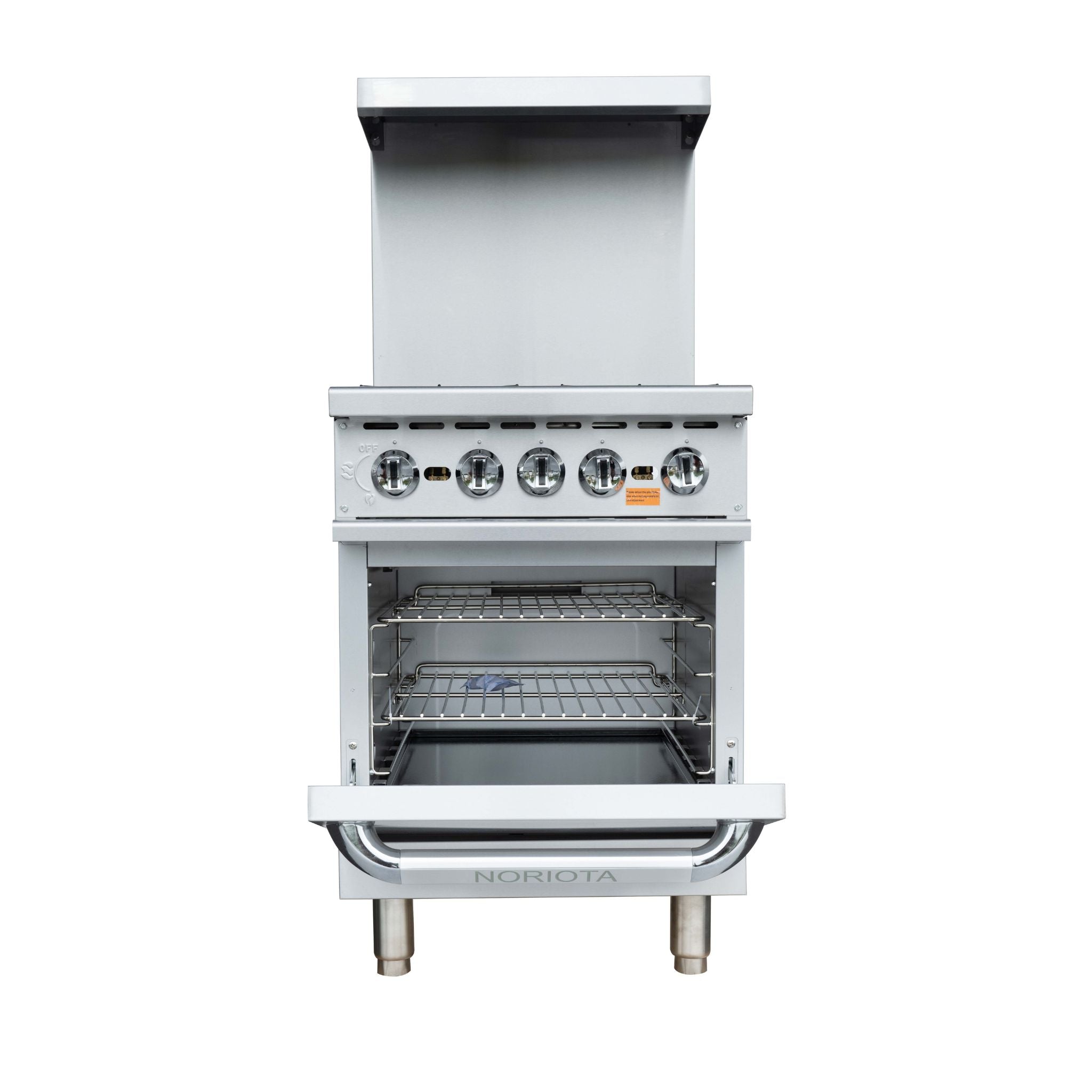 A stainless steel freestanding gas range or oven with the door open, showing interior racks and a control panel with multiple knobs, photographed on a plain white background.