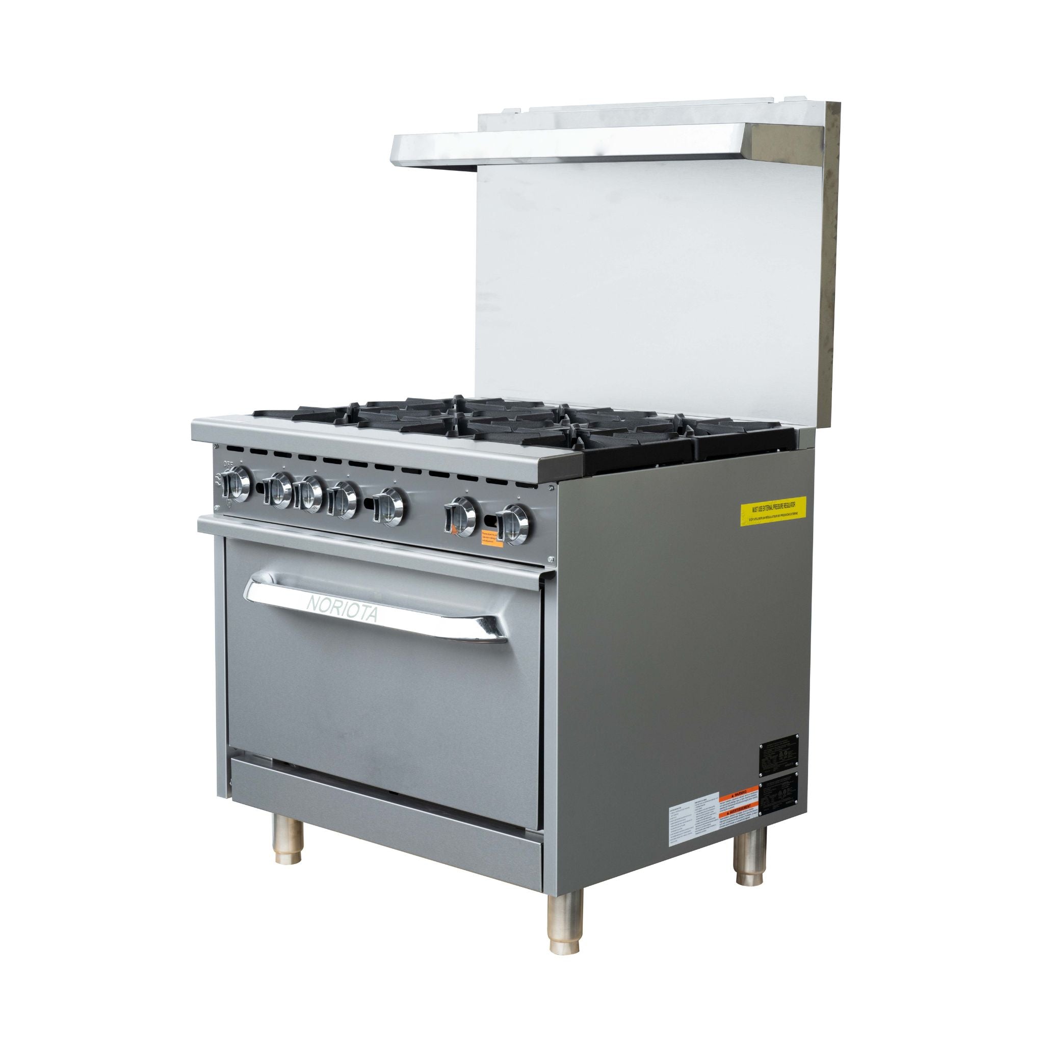 A commercial gas range stove with an oven, six burner grates, a stainless steel hood, and a brushed silver front panel, shown on a plain white background.