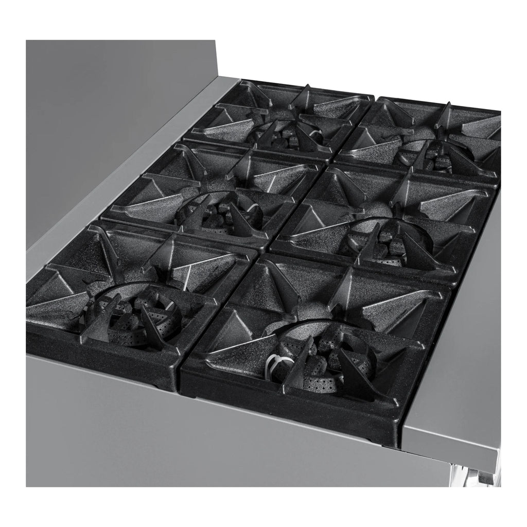 Stainless steel gas cooktop with multiple black cast iron burners on a white background