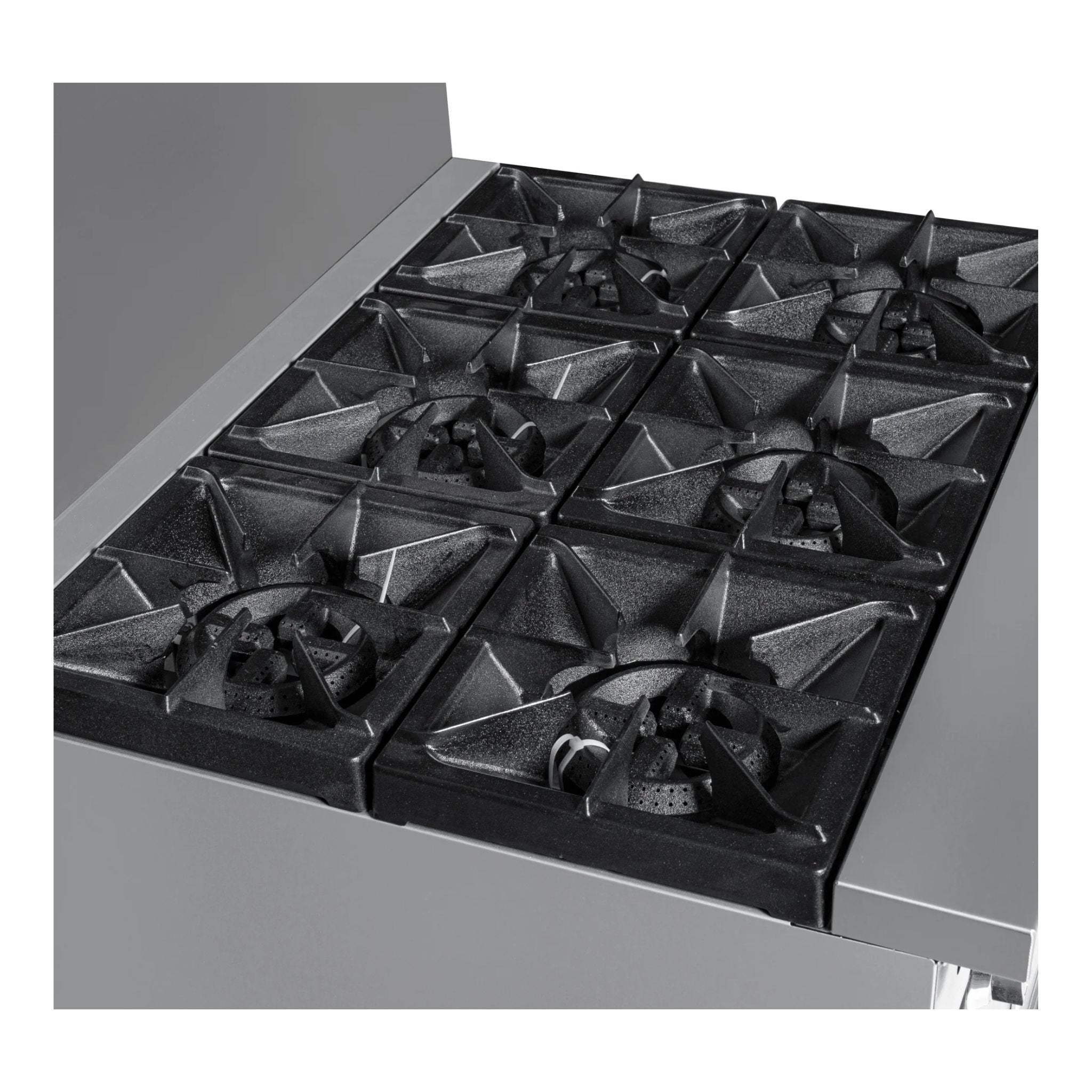 Stainless steel gas cooktop with multiple black cast iron burners on a white background