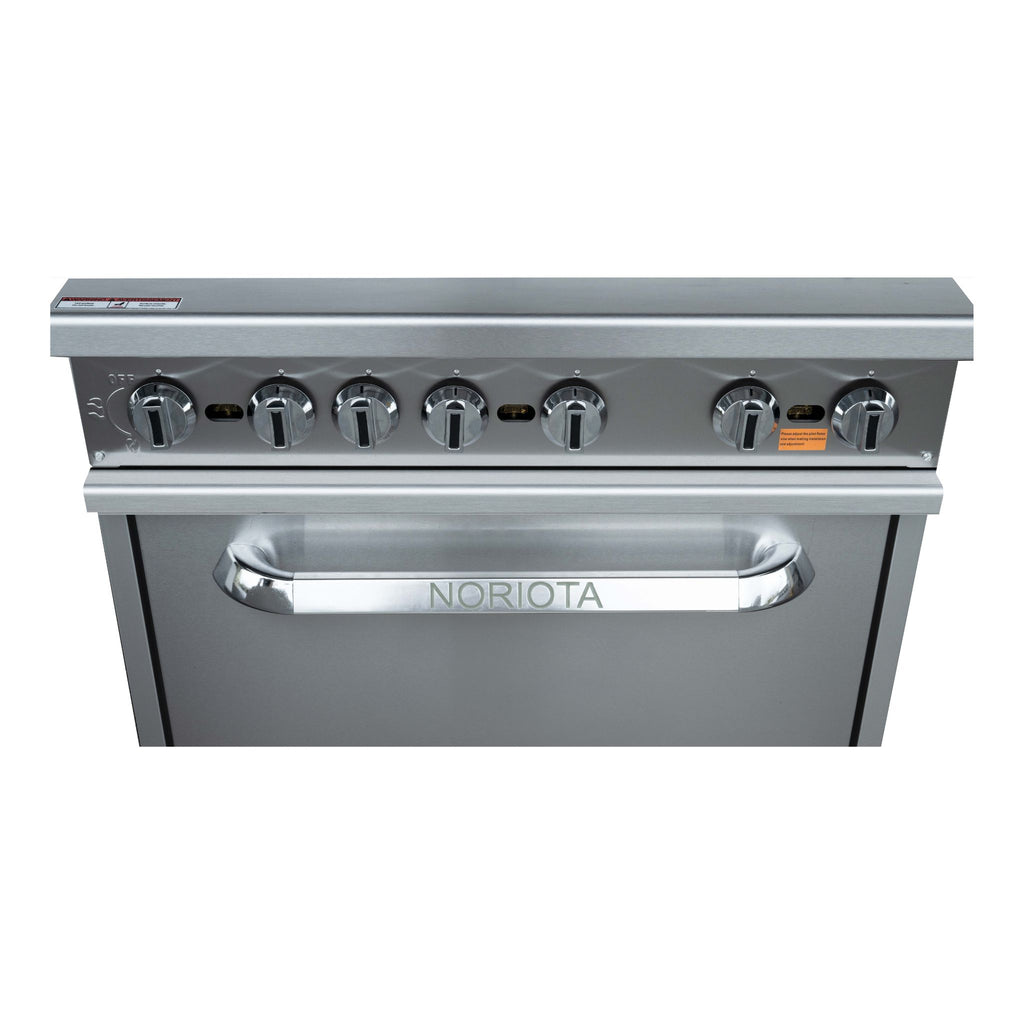 Noriota close up detail of stainless steel  gas oven or range handle with six control knobs and a front oven door handle, shown on a plain white background.