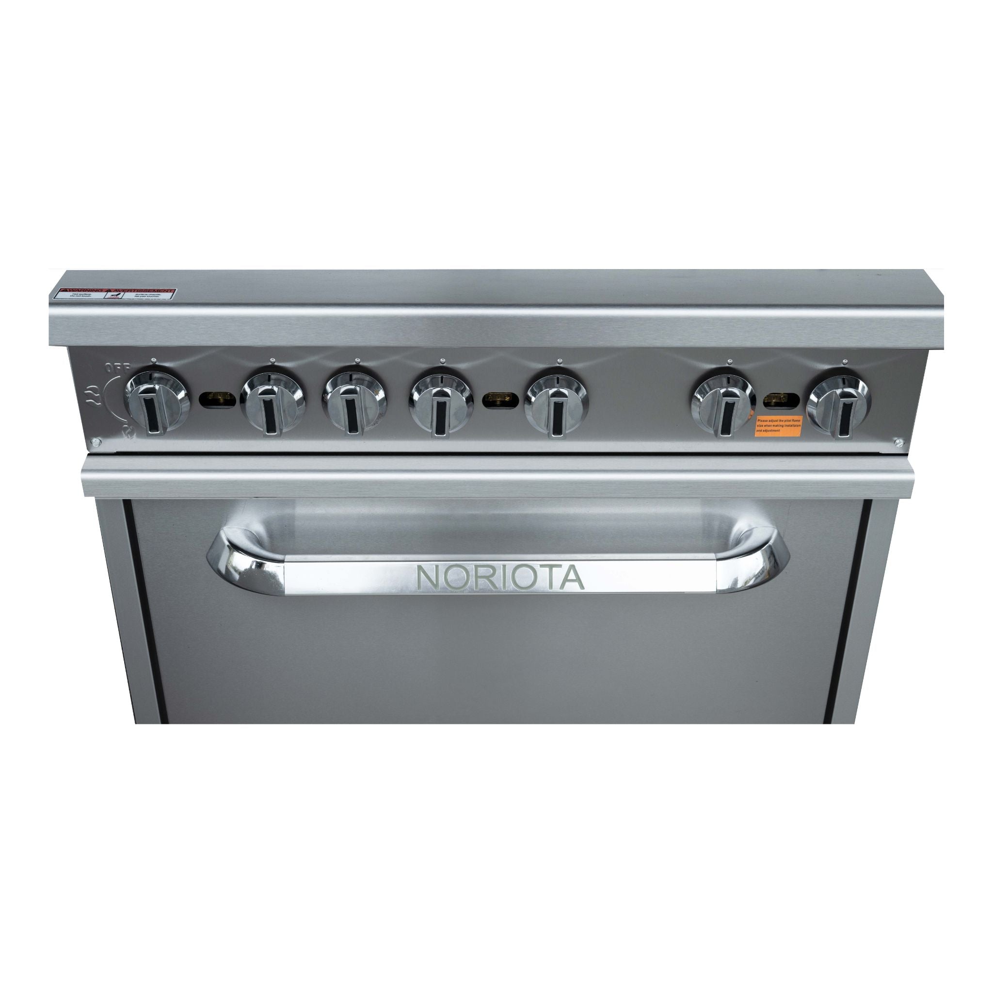 Noriota close up detail of stainless steel  gas oven or range handle with six control knobs and a front oven door handle, shown on a plain white background.