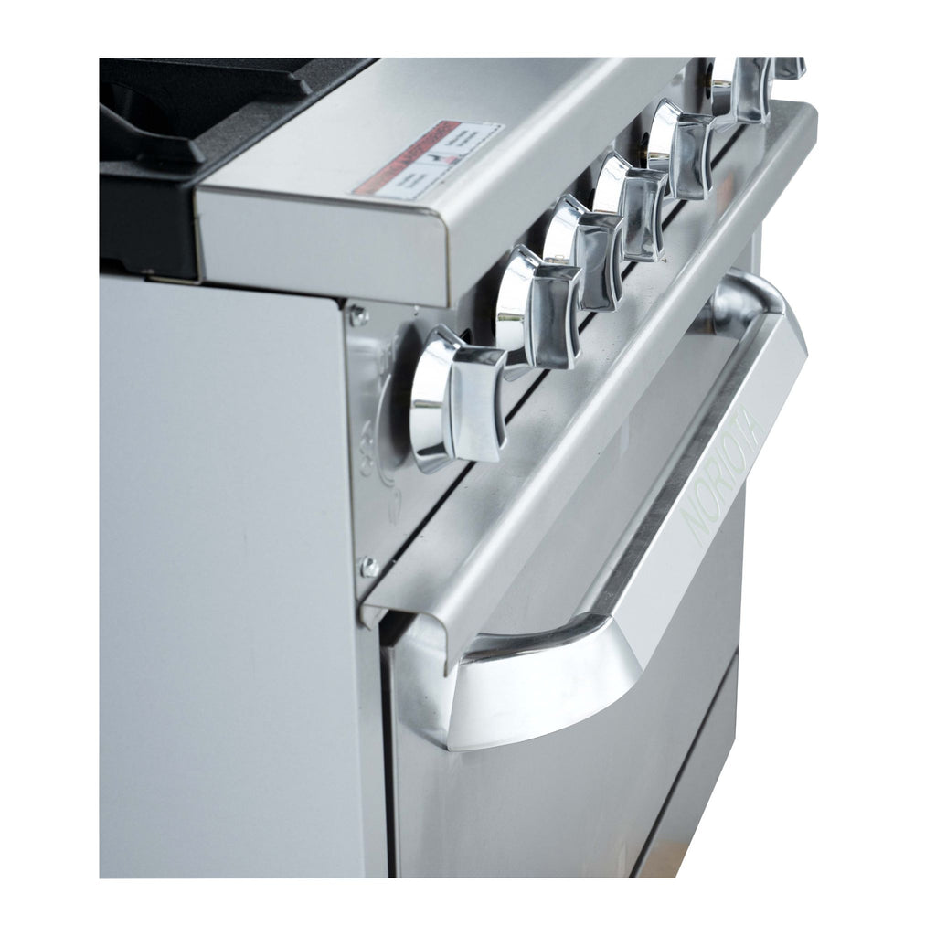 Close-up of a stainless steel freestanding range showing the side control panel with chrome knobs and the oven door handle on a white background.