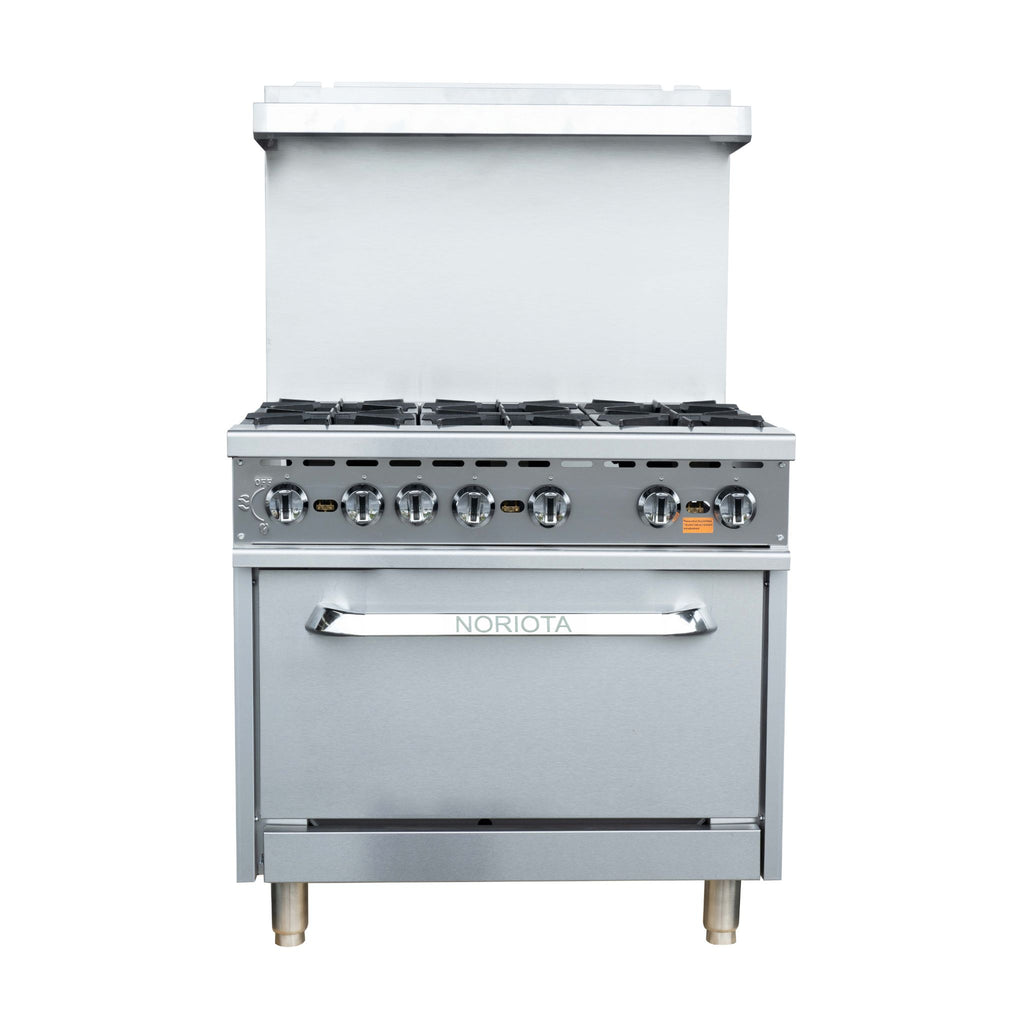 A stainless steel freestanding gas range with six burners, a back panel, and a lower oven door with a silver handle. The brand name 'NORIOTA' is visible on the door handle area.