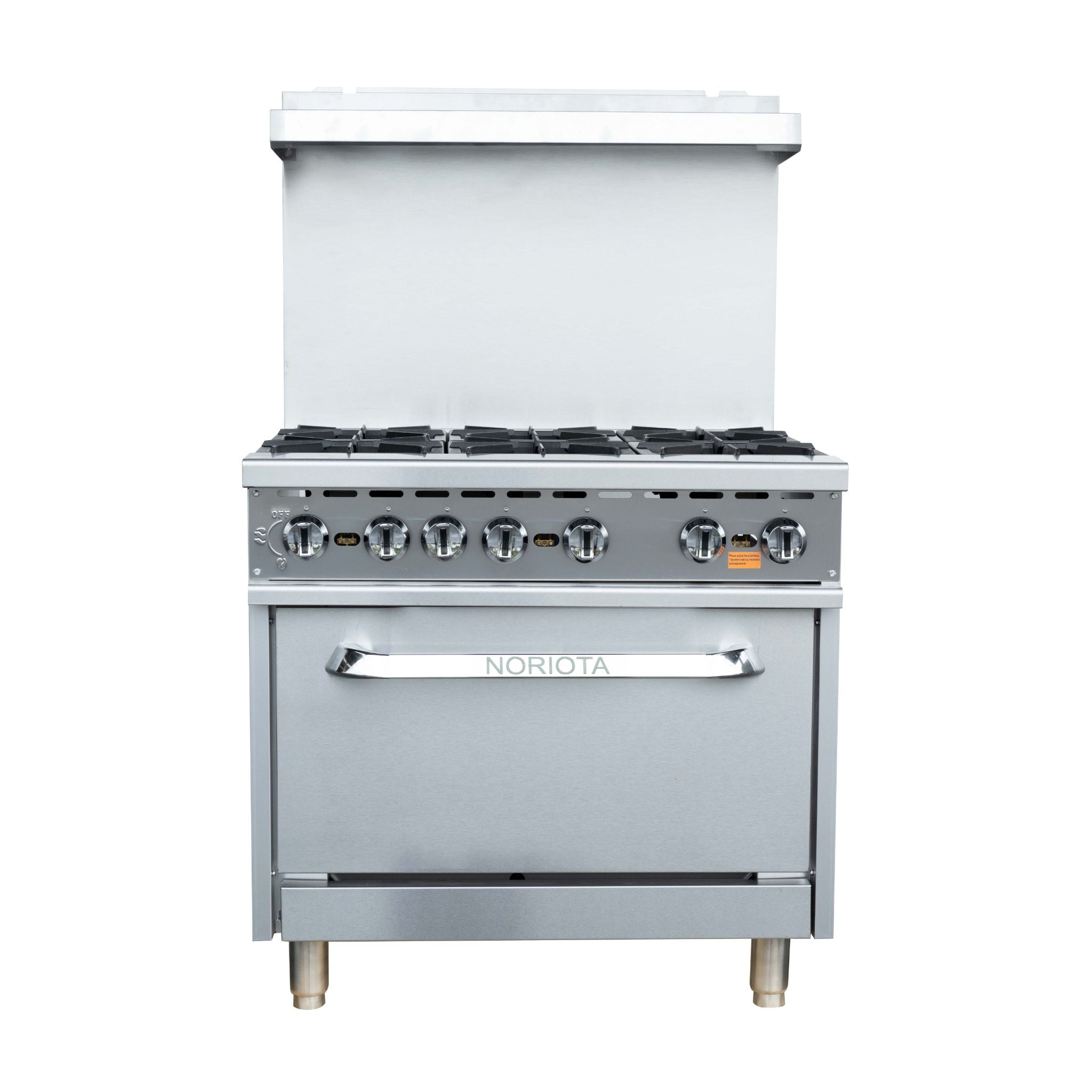 A stainless steel freestanding gas range with six burners, a back panel, and a lower oven door with a silver handle. The brand name 'NORIOTA' is visible on the door handle area.