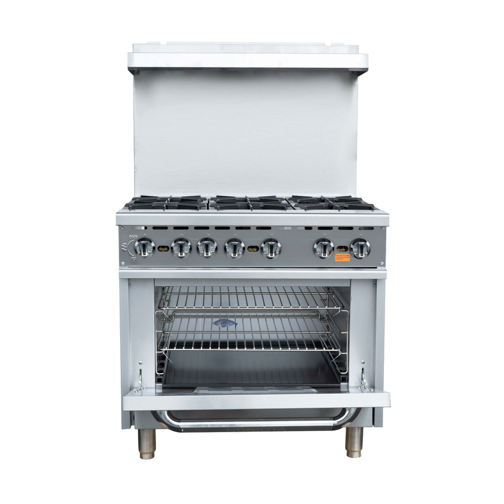 A stainless steel freestanding gas range with five front burners, a large control panel with multiple knobs, and an open oven door showing two interior racks, photographed on a plain white background.