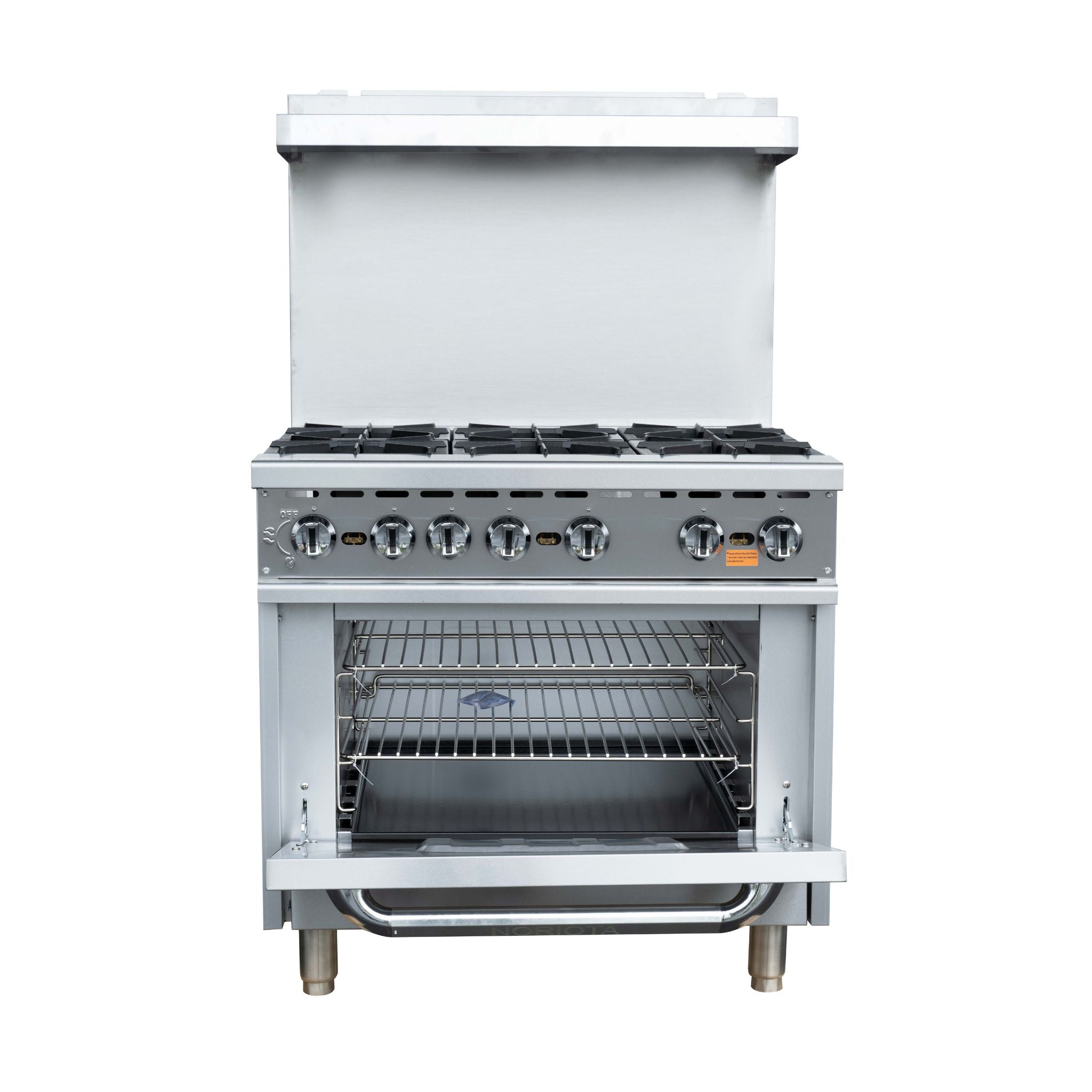 A stainless steel freestanding gas range with five front burners, a large control panel with multiple knobs, and an open oven door showing two interior racks, photographed on a plain white background.