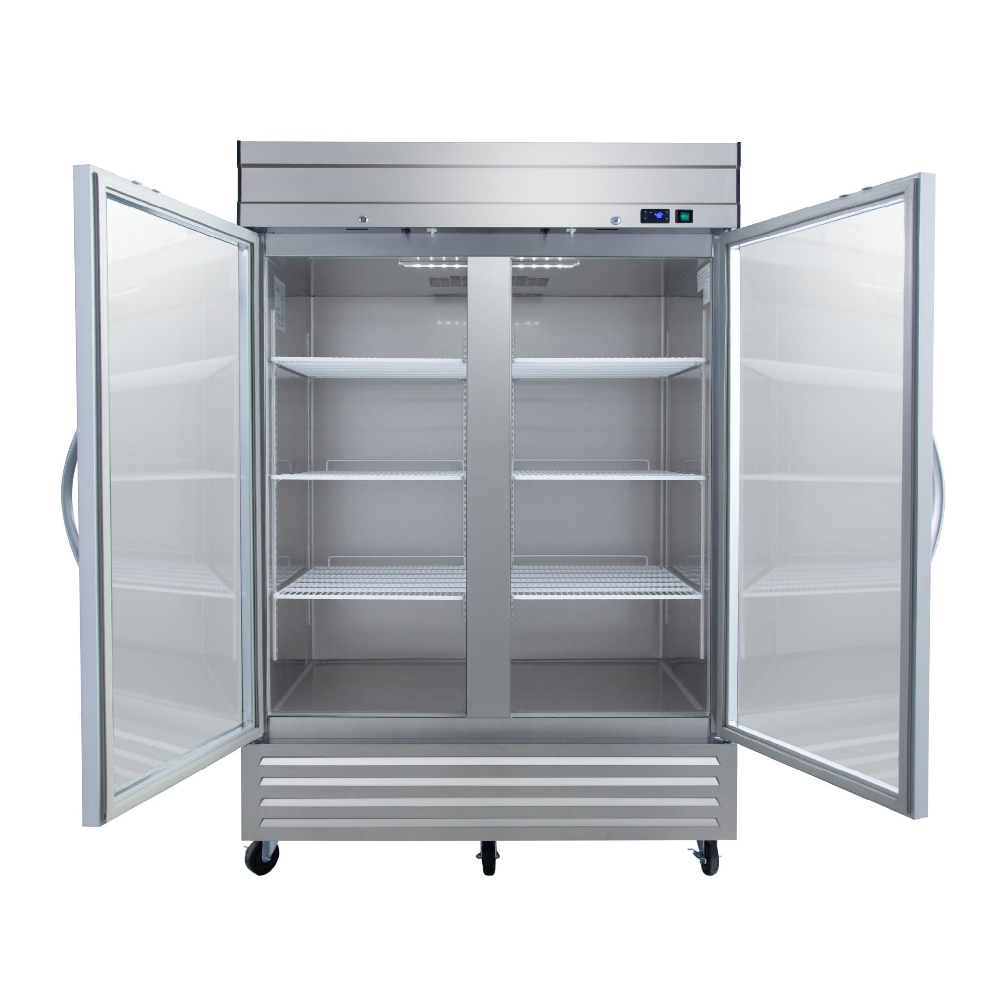 noriota nr49g two glass door front view doors open stainless steel commercial refrigerator 