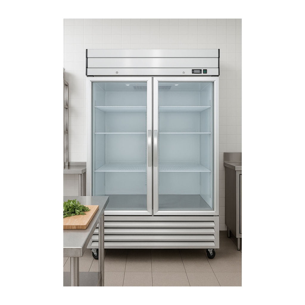 noriota nr49 commercial kitchen lifestyle image two door glass door refrigerator