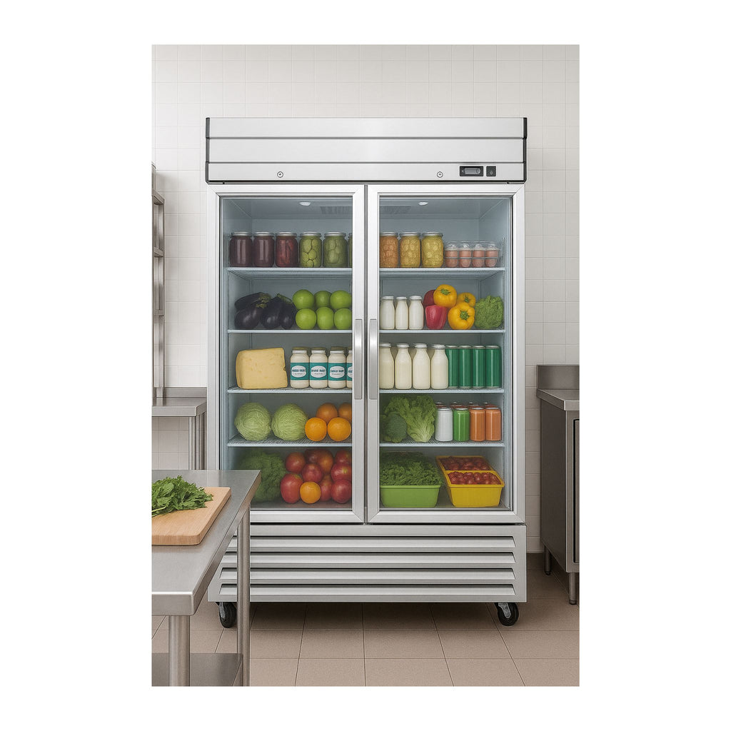noriota nr49 commercial kitchen lifestyle image two door glass door refrigerator