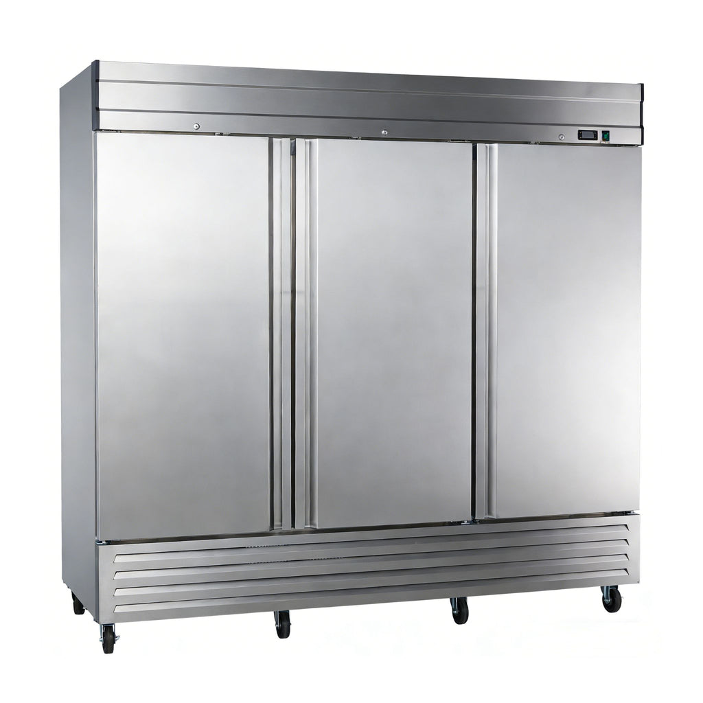 noriota nr72 commercial kitchen angle left image three door stainless steel refrigerator