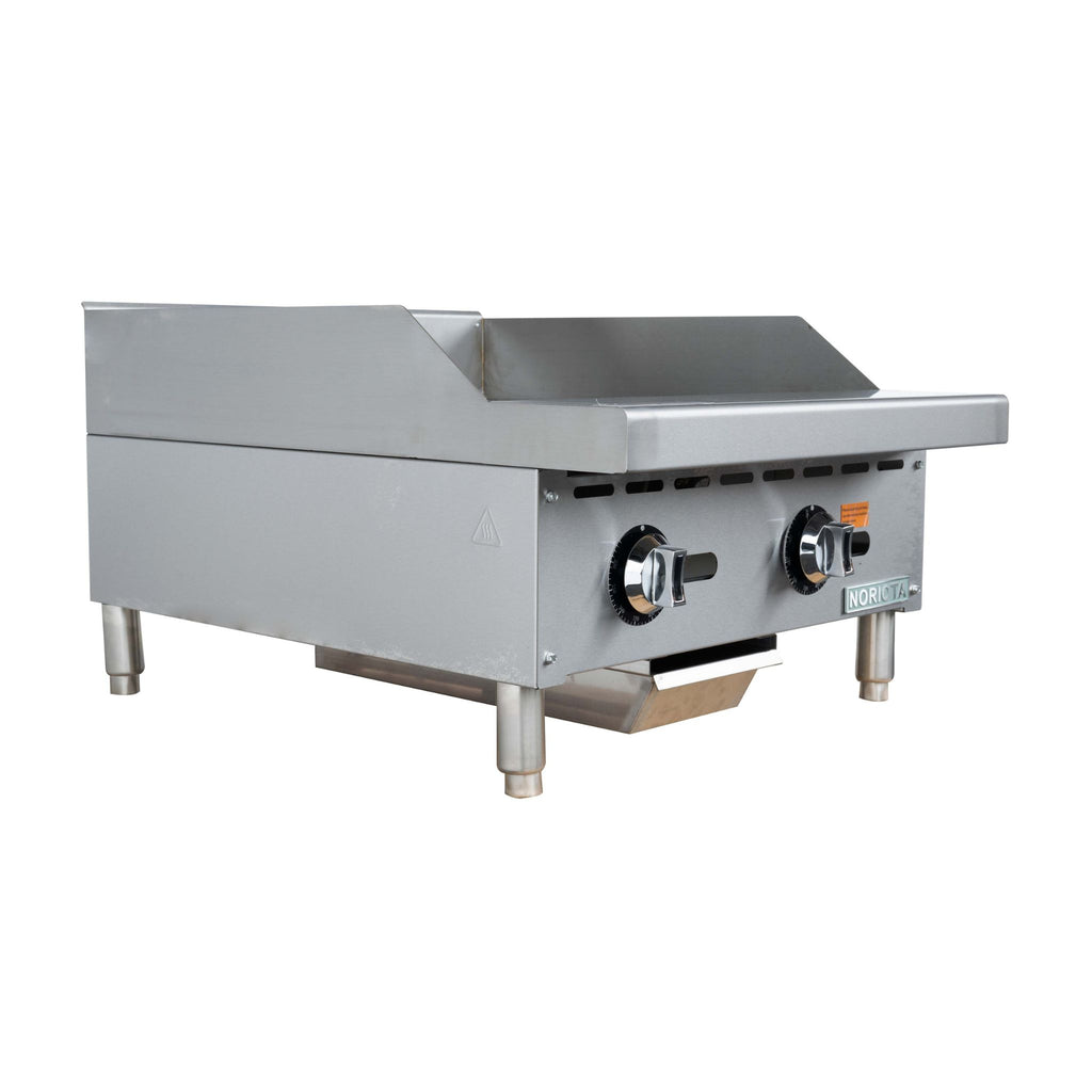 A commercial two-burner gas griddle with a stainless steel body, flat top,  thermostatic griddle and two front-mounted burner knobs, isolated on a white background.