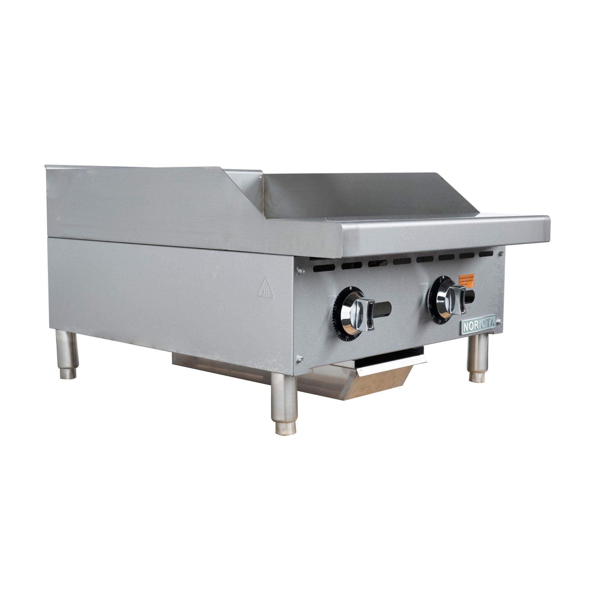 A commercial two-burner gas griddle with a stainless steel body, flat top,  thermostatic griddle and two front-mounted burner knobs, isolated on a white background.