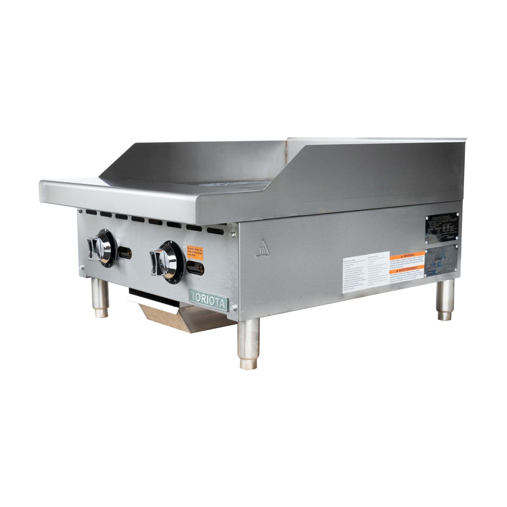 A stainless steel commercial flat top grill or thermostatic griddle with two front burner controls, a raised back panel, and four legs, shown on a plain white background.