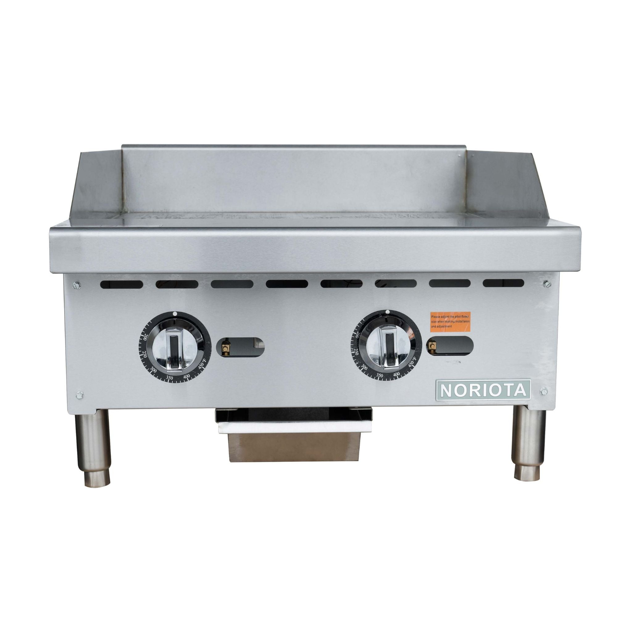 A stainless steel gas grill or thermostatic griddle with two front control knobs, a drip tray, and the NORIOTA brand name on the front right side, shown against a plain white background.