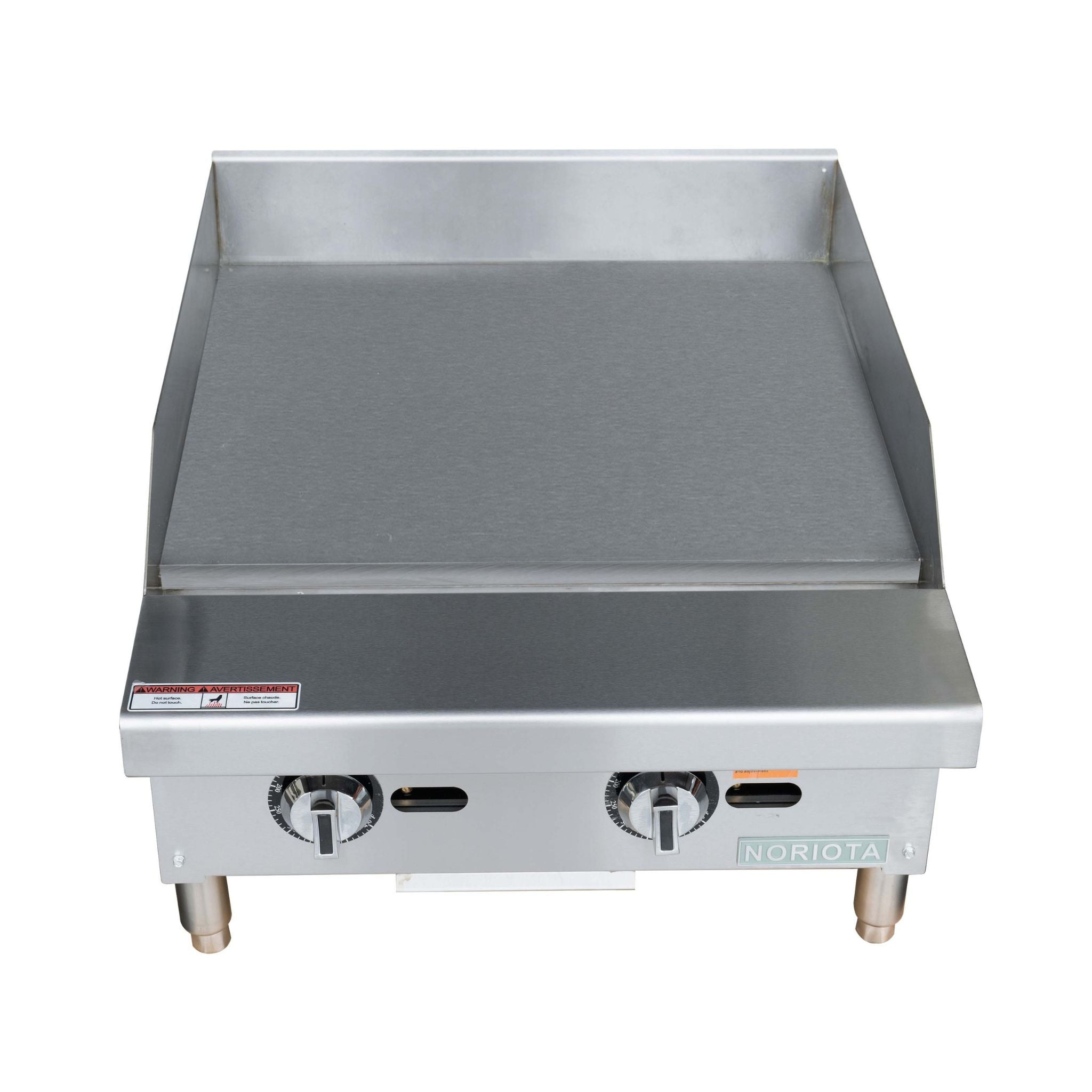 A stainless steel commercial flat top grill or thermostatic griddle with two control knobs on the front, set against a plain white background.