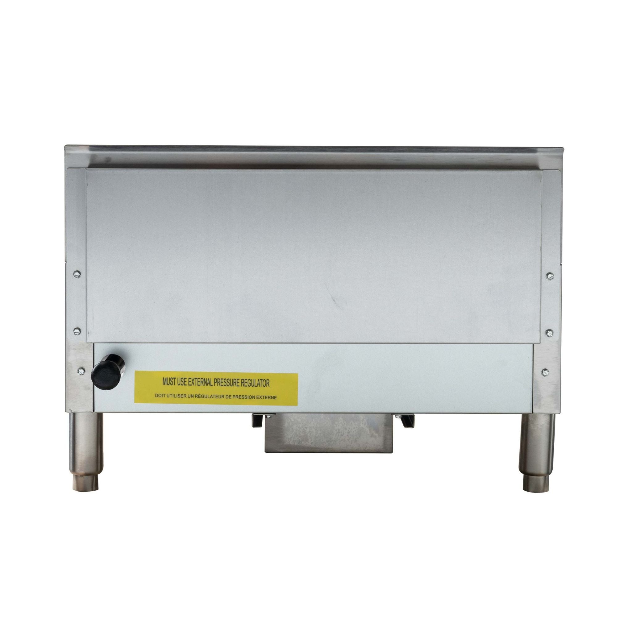 A stainless steel commercial thermostatic griddle or flat top unit with a yellow warning label and a black control knob, shown against a plain white background.