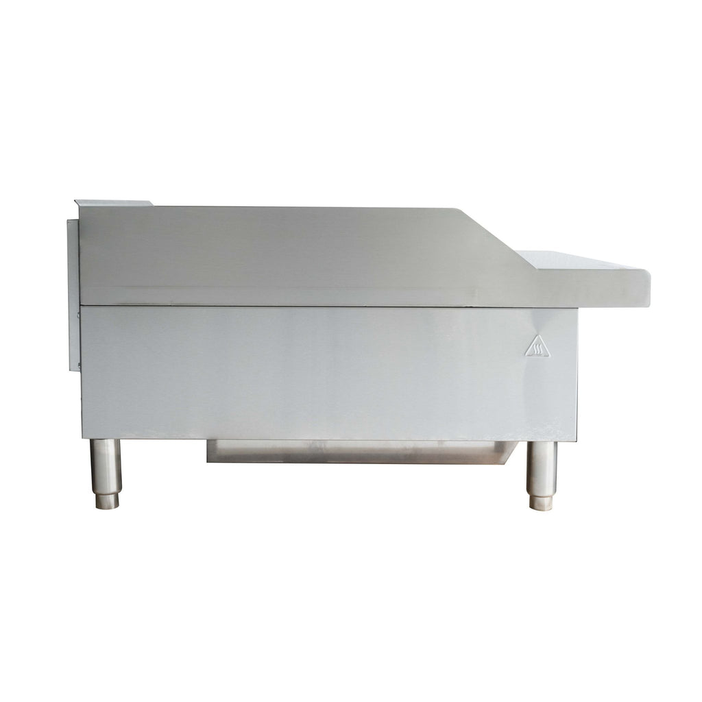 A stainless steel commercial counter top thermostatic griddle or flat top with a solid rectangular top, side extension, and four legs, shown against a plain white background.