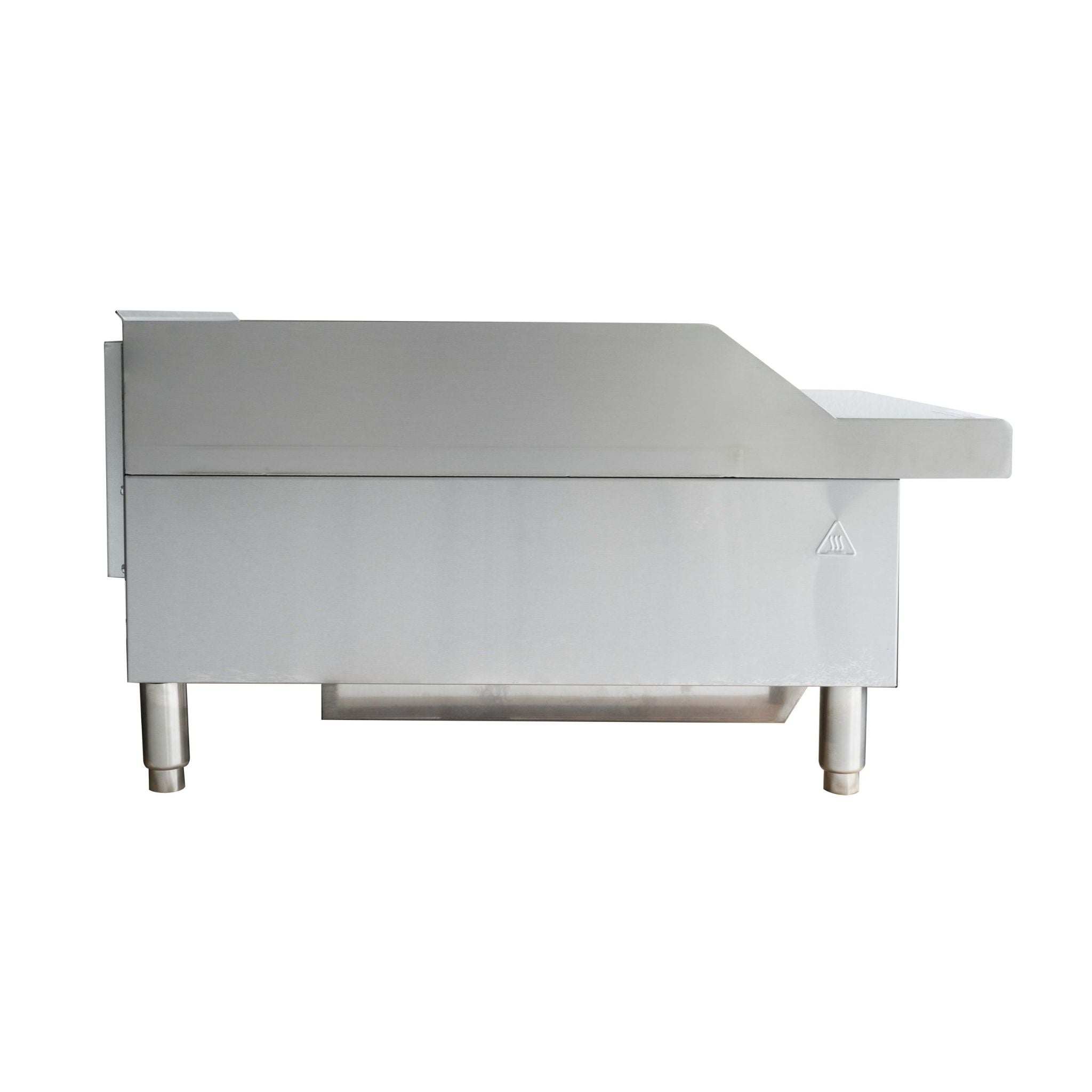 A stainless steel commercial counter top thermostatic griddle or flat top with a solid rectangular top, side extension, and four legs, shown against a plain white background.