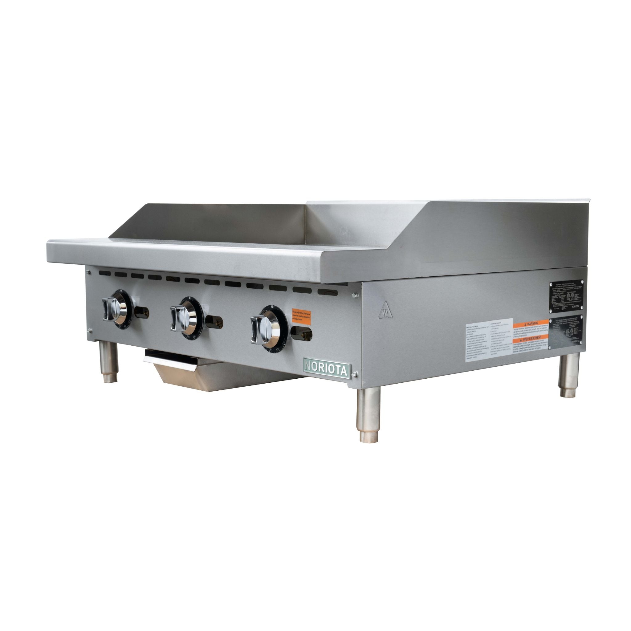 A commercial three-burner gas griddle or flat top grill or thermostatic griddle in stainless steel, featuring three control knobs on the front, a drip tray, and support legs, photographed against a plain white background.