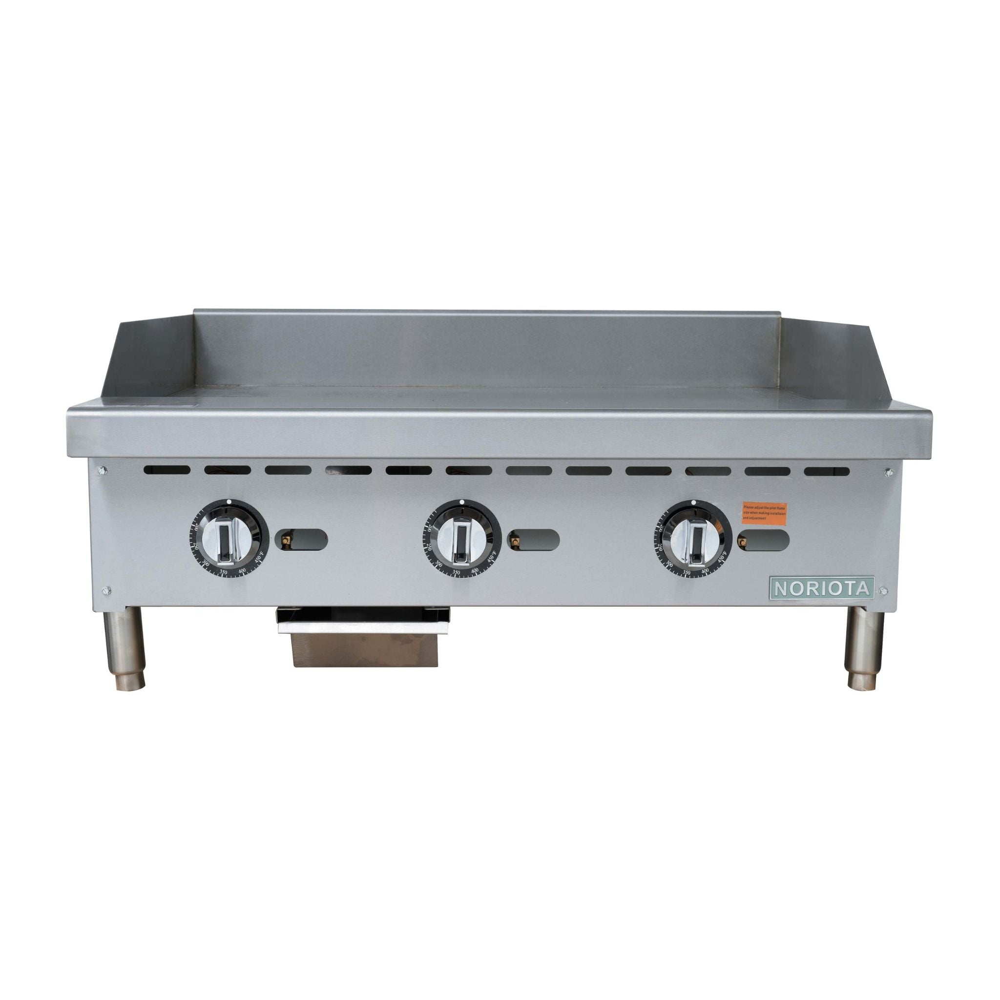 A stainless steel gas griddle with three front burners and control knobs, branded NORIOTA on the right side, shown against a plain white background.