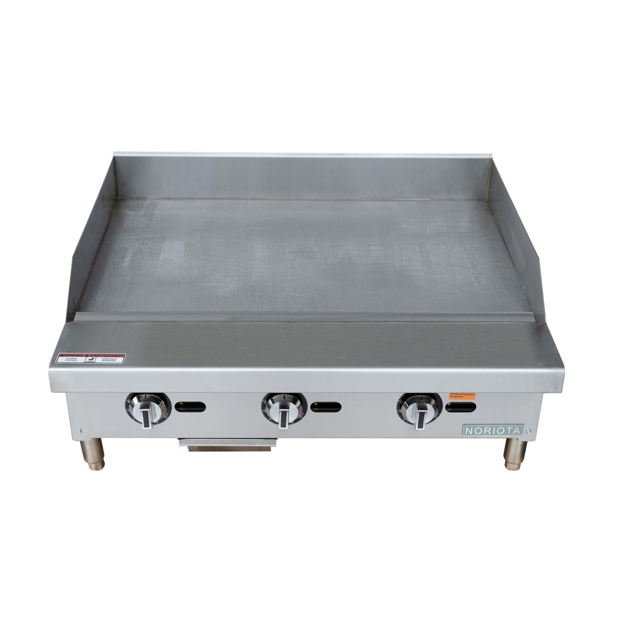 A stainless steel commercial flat top grill or thermostatic griddle with three control knobs on the front, set against a plain white background.