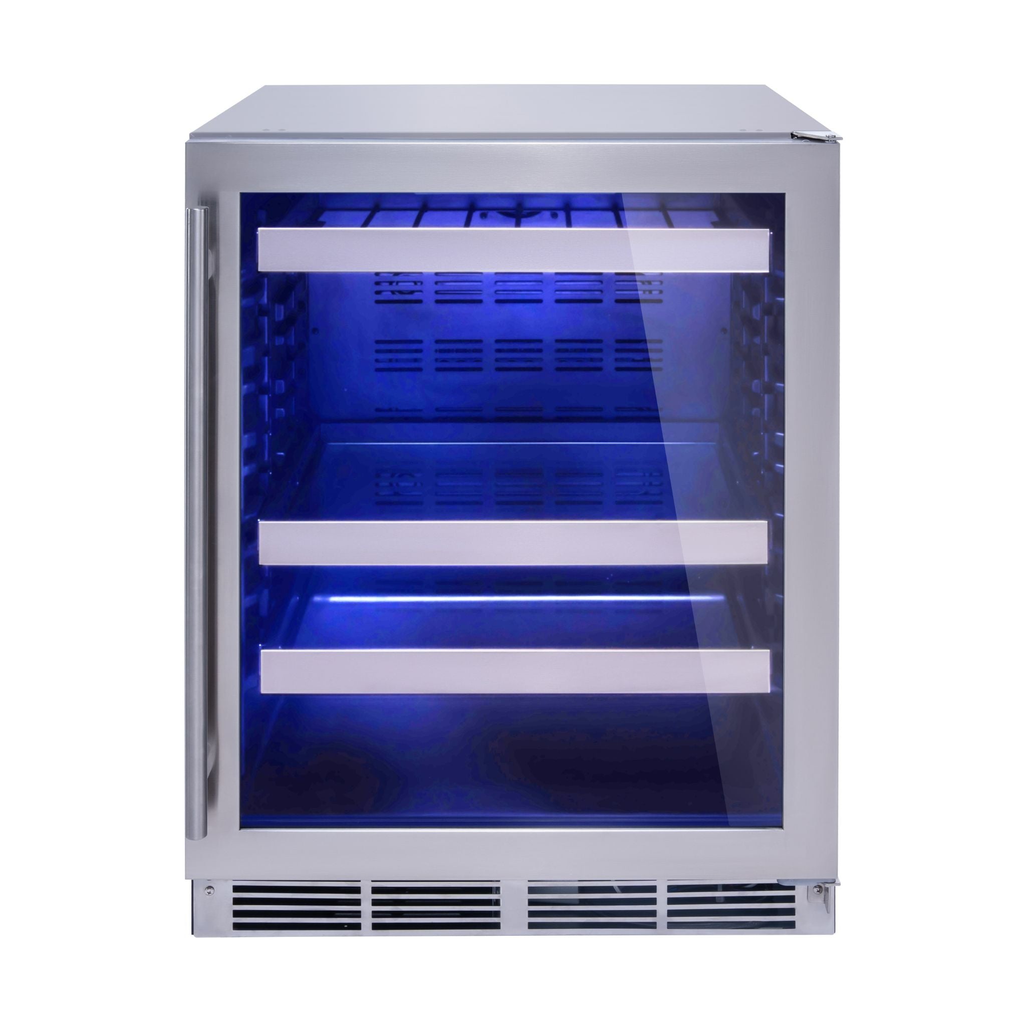 noriota nuc24opss Stainless steel beverage cooler with blue interior lighting on a white background