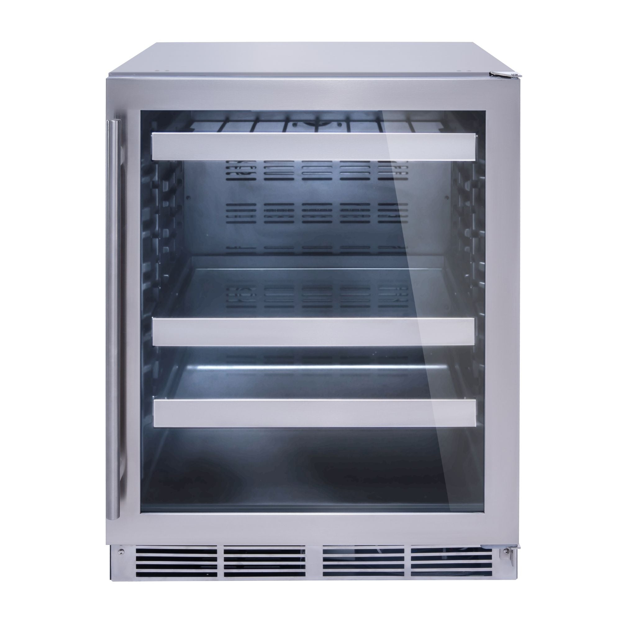 NUB24OPSS beverage Center Stainless steel refrigerator with glass door on a white background