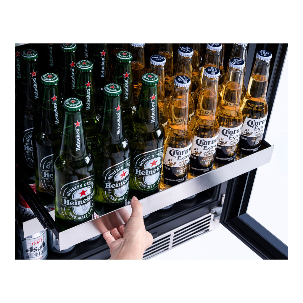 noriota nuc24opss beverage cooler glass shelf being extended full of beer bottles