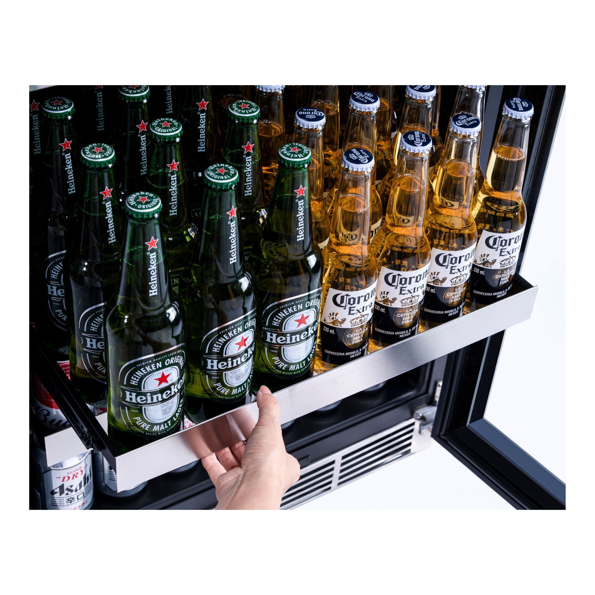 noriota nuc24opss beverage cooler glass shelf being extended full of beer bottles