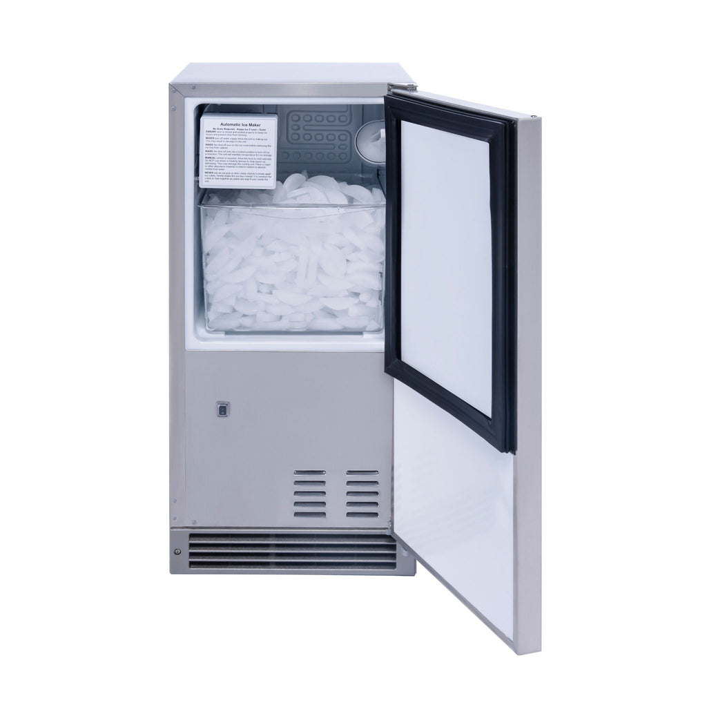 noriota NUI15COPPS Built in crescent ice maker front view with door open and ice bin full