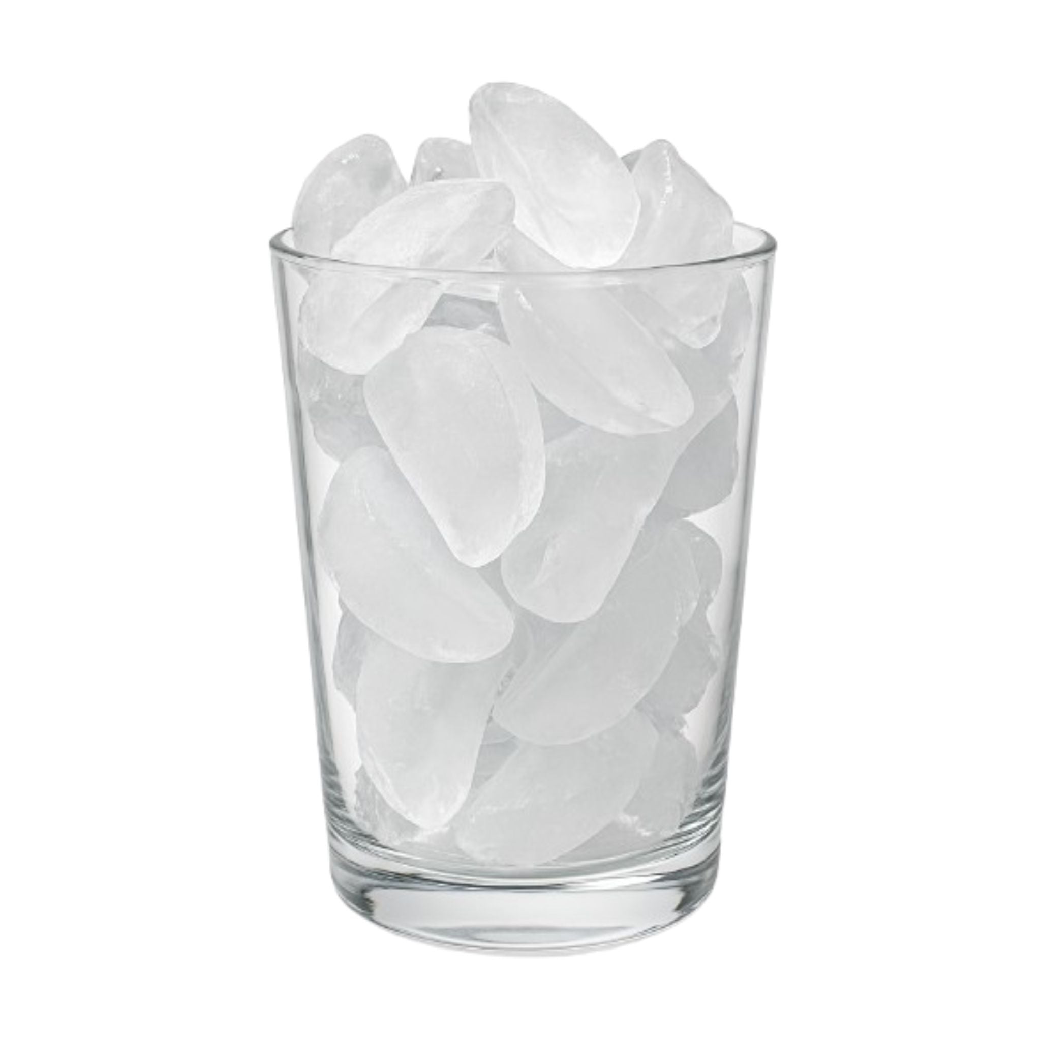 Clear glass filled with ice cubes on a white background, NUI15COPPS Built in crescent ice maker 