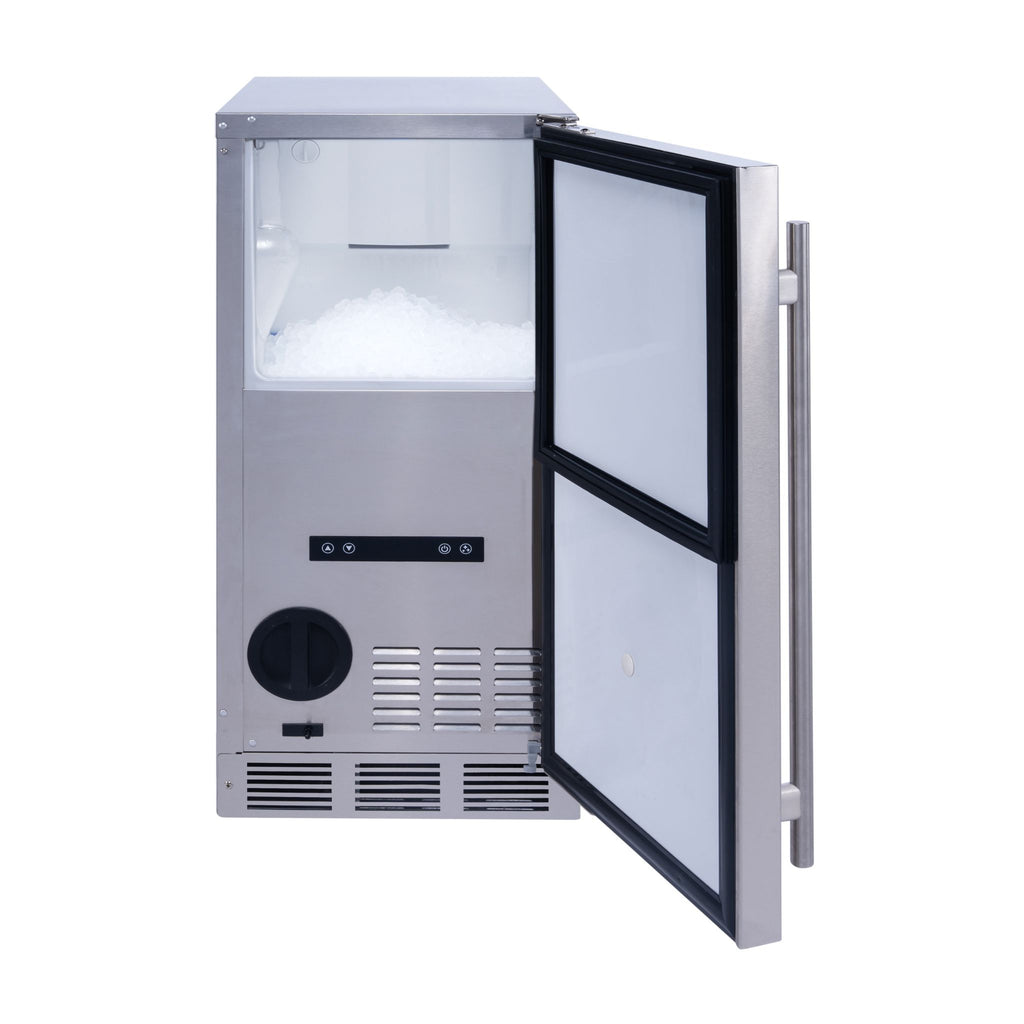 noriota nui15nopss nugget ice maker with door open indoor outdoor unit