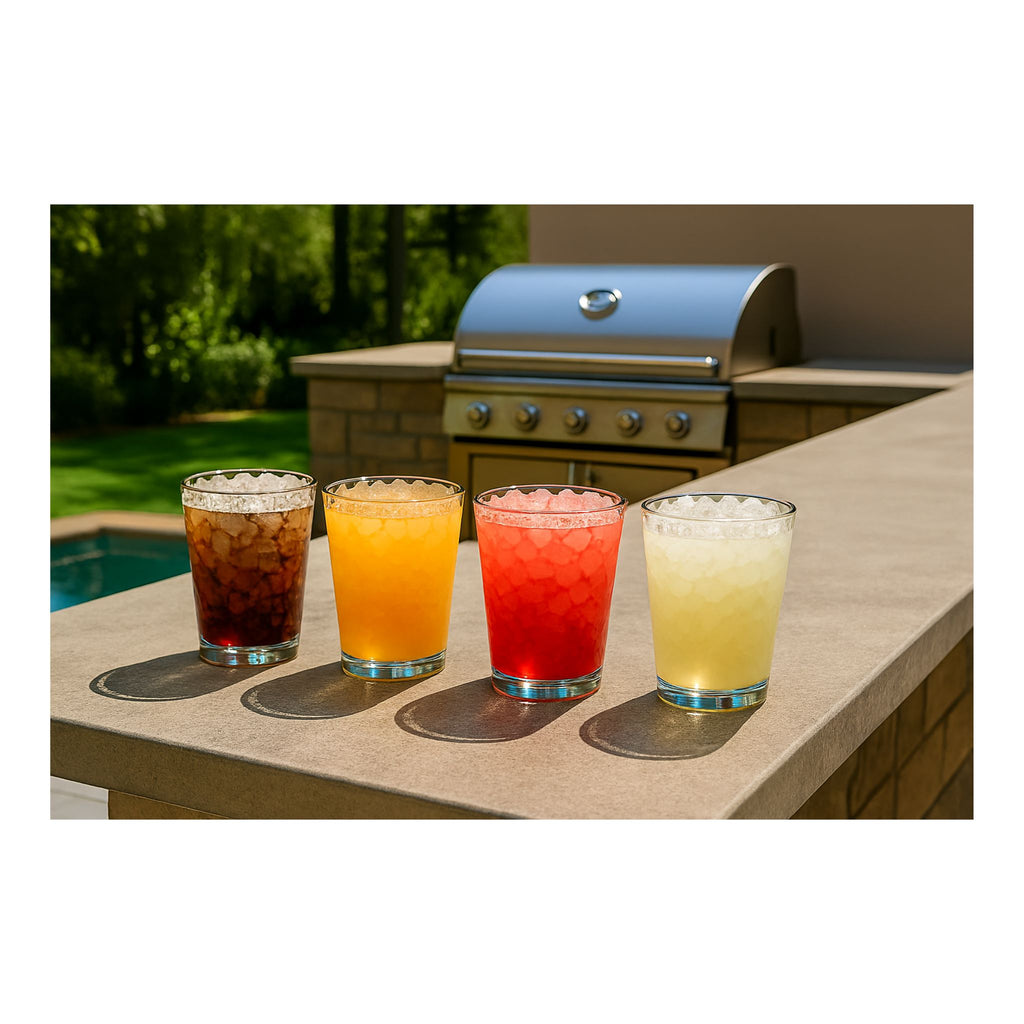 noriota nui15nopss nugget ice, four glasses of iced drinks on a patio with a grill in the background