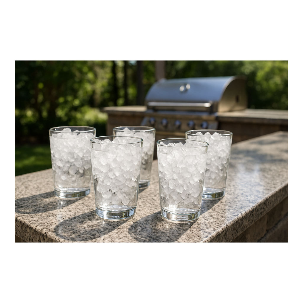 noriota nui15nopss nugget ice maker  clear glasses filled with nugget ice on a outdoor countertop with a grill in the background