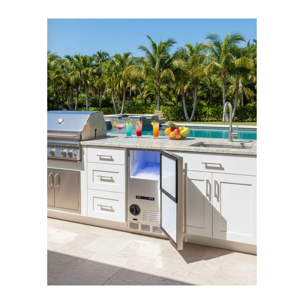 noriota nui15nopss indoor outdoor ice machine, nugget ice, outdoor kitchen with grill, refrigerator, and pool area with palm trees