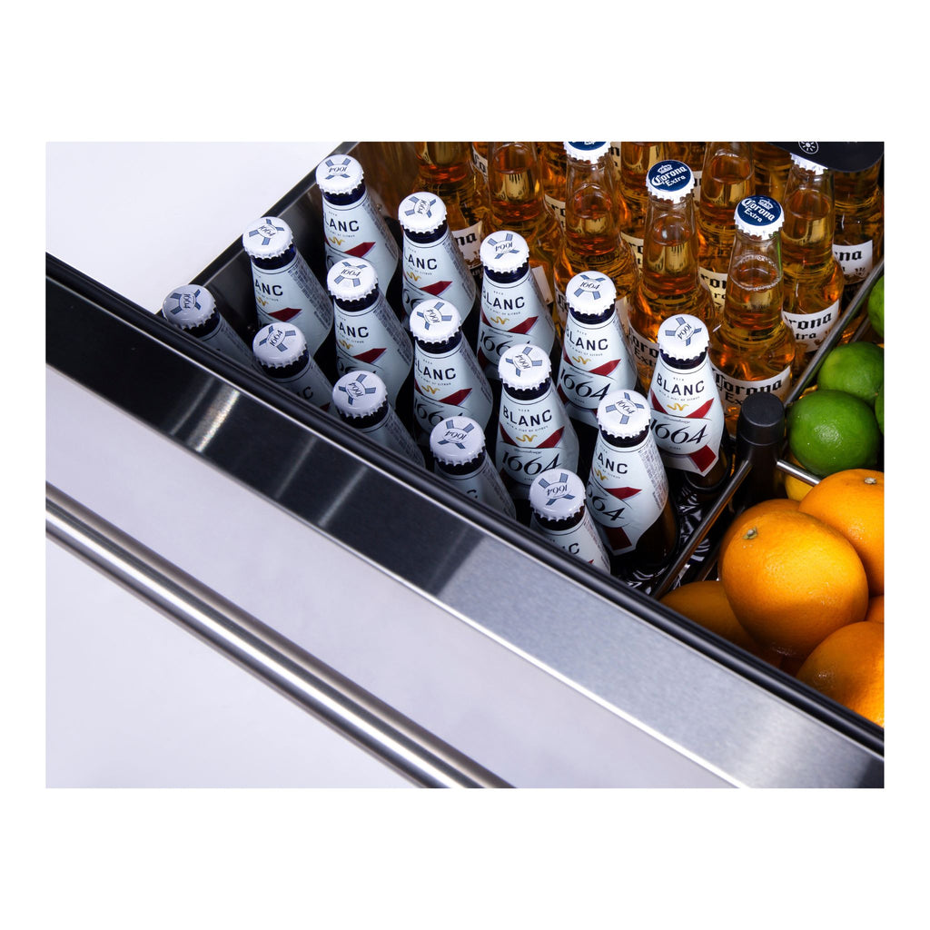 noriota NUR24DOPSS two drawer refrigerator top drawer open with beer