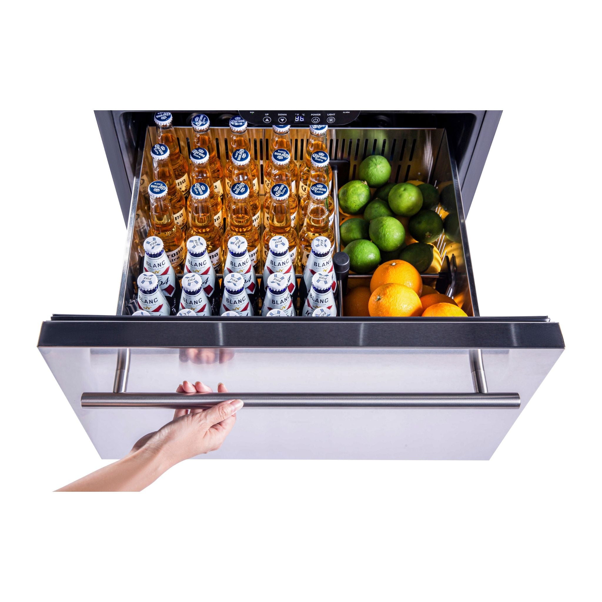 noriota nur24dopss 2 drawer  udercounter refrigerator with open door displaying bottles and fruits on a white background
