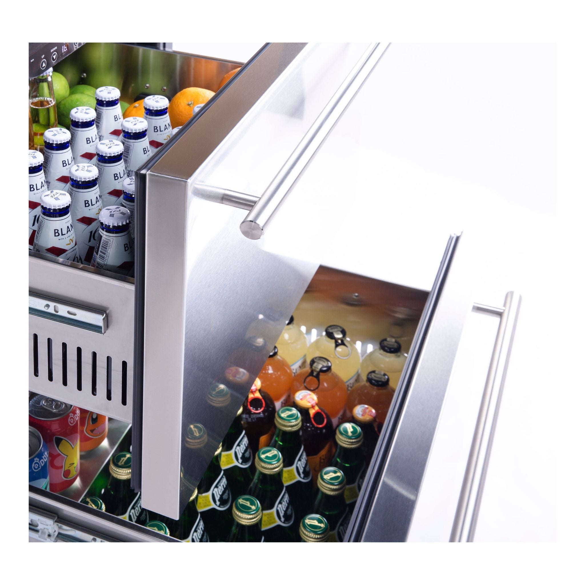 noriota nur24dopss 2 drawer refrigerator, built in unit, indoor out door.  drawers open filled with various products