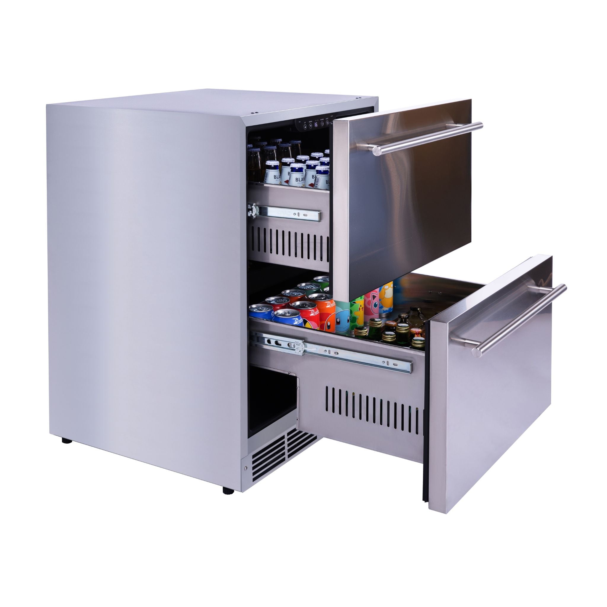 noriota NUR24DOPSS two drawer refrigerator indoor outdoor left side view drawers staggered 